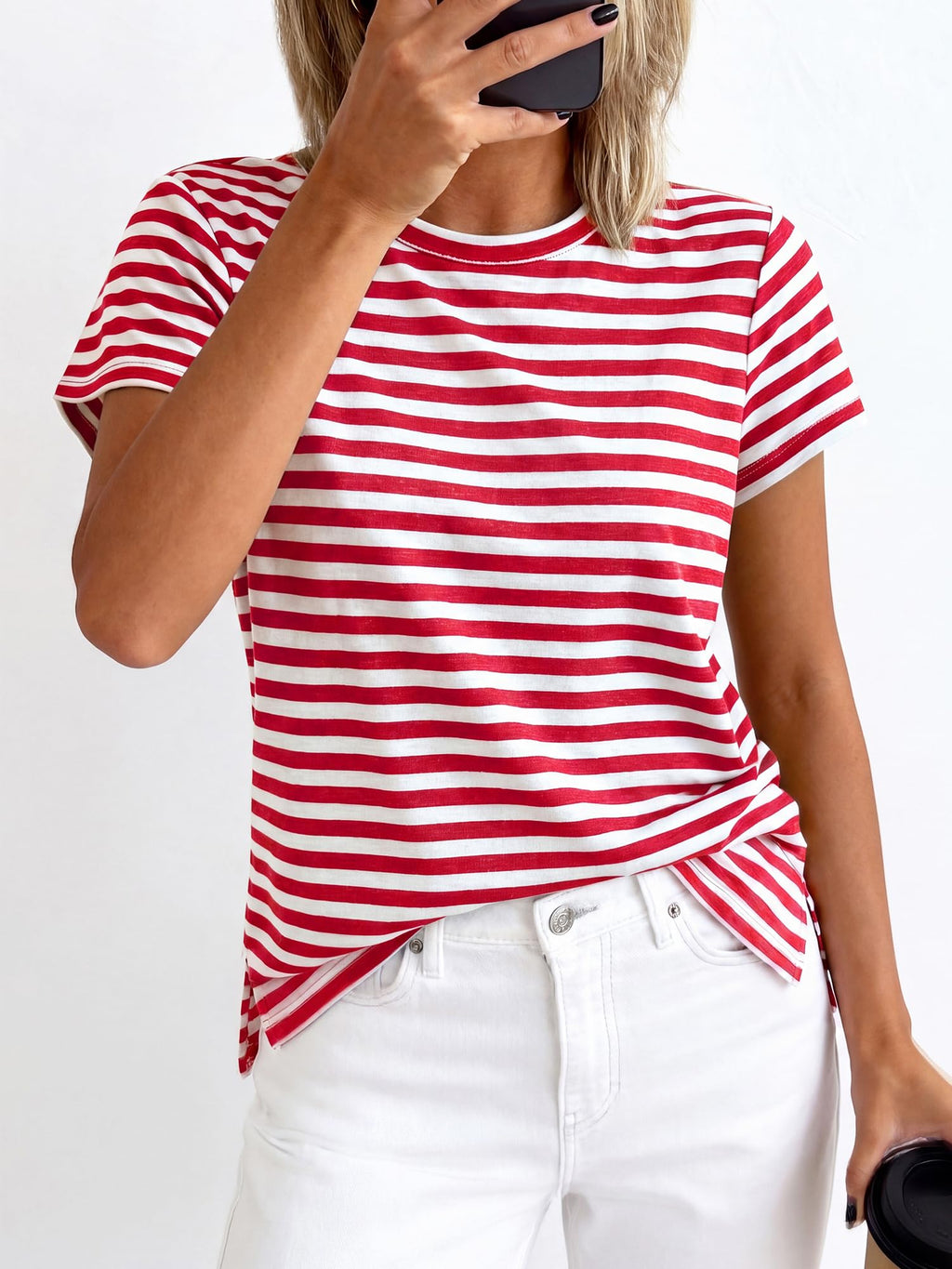 BTFBM Tops for Women Trendy Summer Crew Neck Short Sleeve T Shirts Striped Casual Vacation Blouse Basic Tee