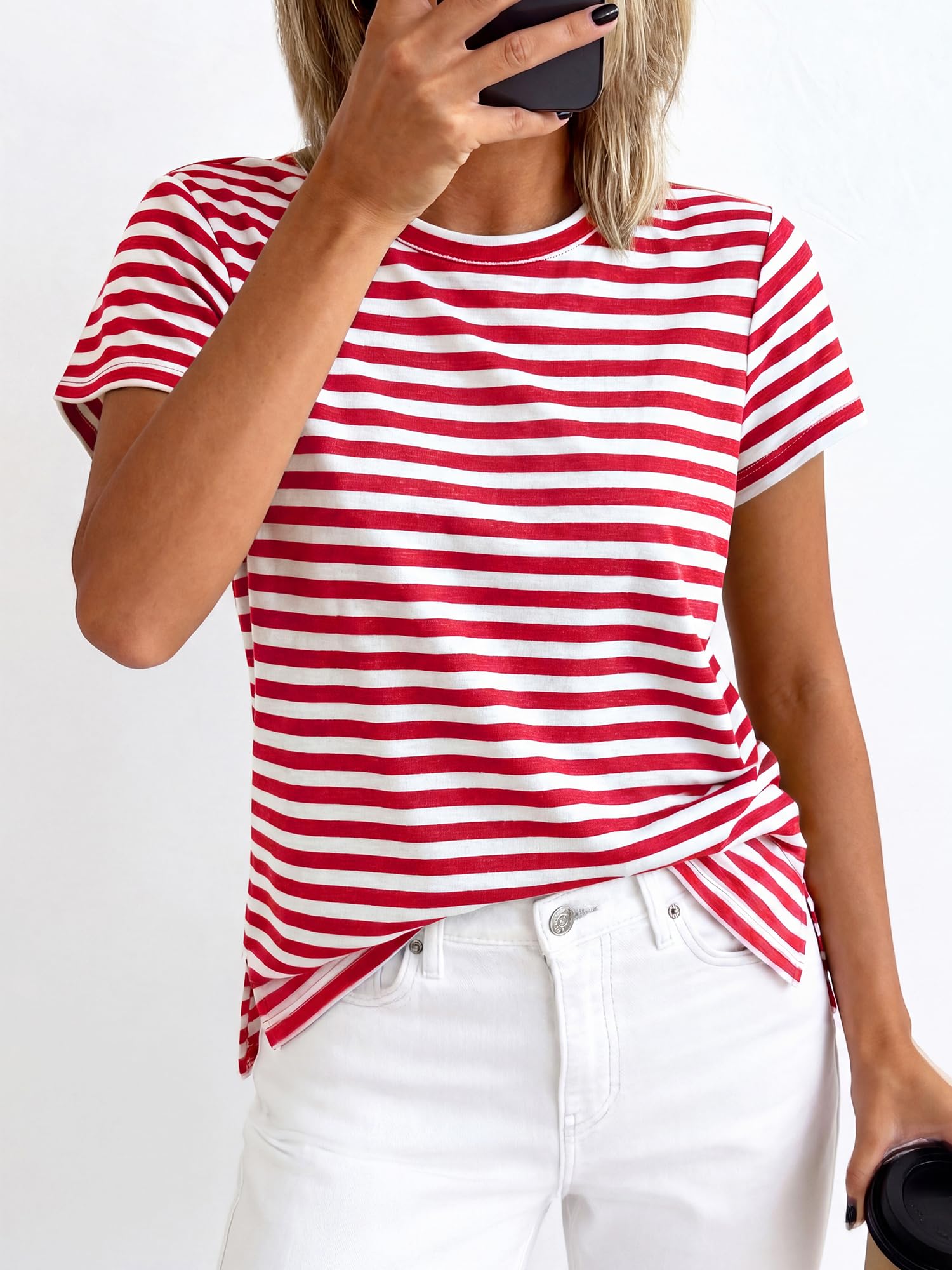 BTFBM Tops for Women Trendy Summer Crew Neck Short Sleeve T Shirts Striped Casual Vacation Blouse Basic Tee