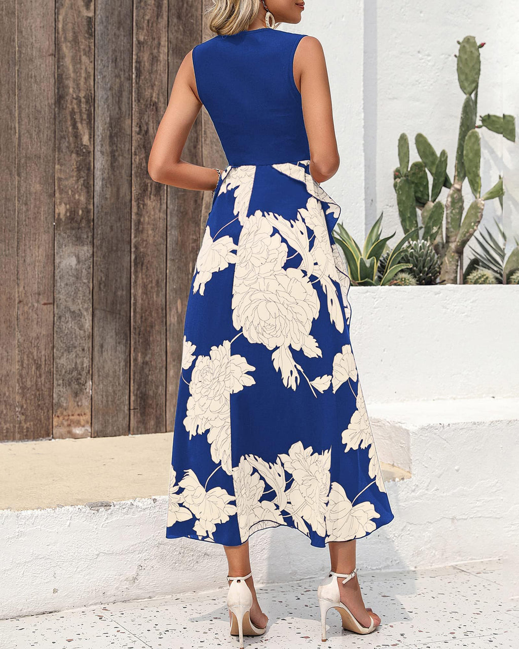 FreshPretty Women Casual Sleeveless Summer Dresses Spring Crewneck Patchwork Boho Floral Ruffle Cocktail Party Midi Dress