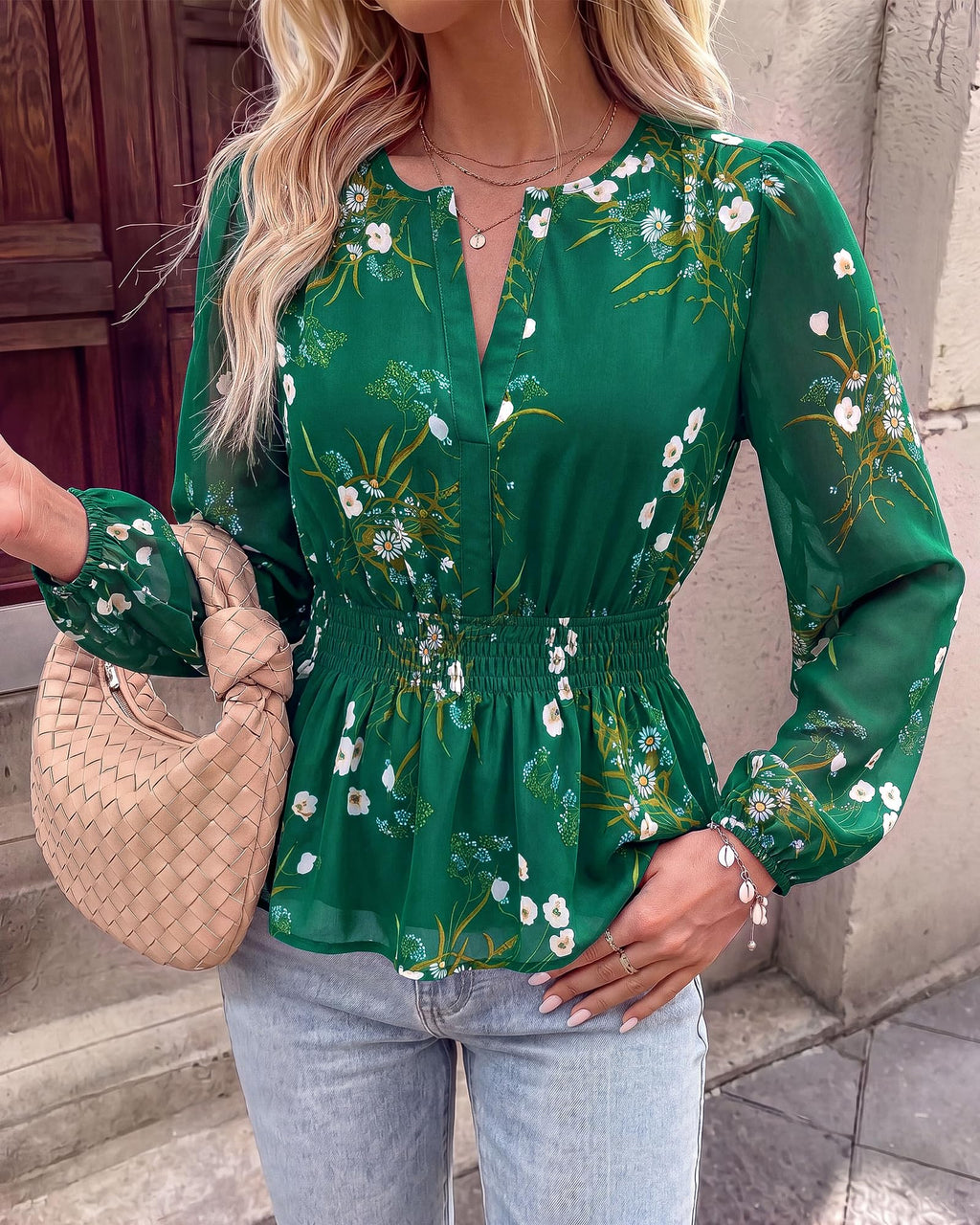 BTFBM Womens Tops Dressy Casual Floral V Neck Long Sleeve Chiffon Shirts | Chiffon Lantern Sleeve Flowy Peplum Sheer Top,Elastic Waist Babydoll Blouses,Boho Vacation Outfits,Fall Fashion Clothing
