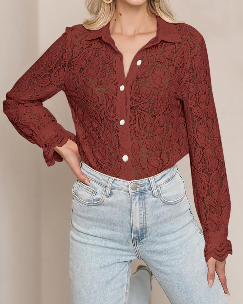 FreshPretty Long Sleeve Lace Blouses for Women Spring Dressy Casual Button Down Shirts Date Night Outfit Club Party Tops
