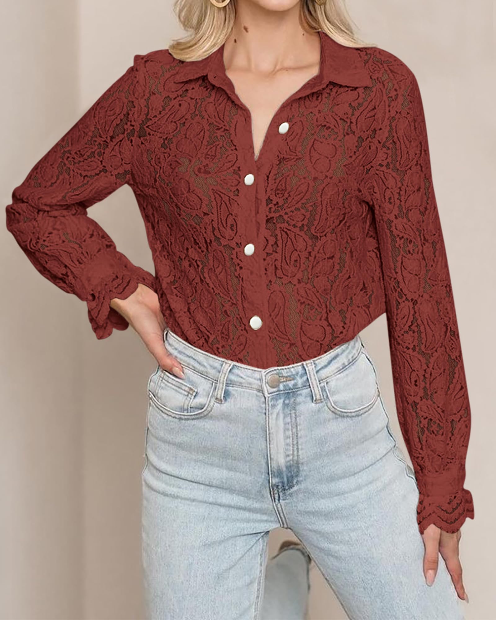 FreshPretty Long Sleeve Lace Blouses for Women Spring Dressy Casual Button Down Shirts Date Night Outfit Club Party Tops