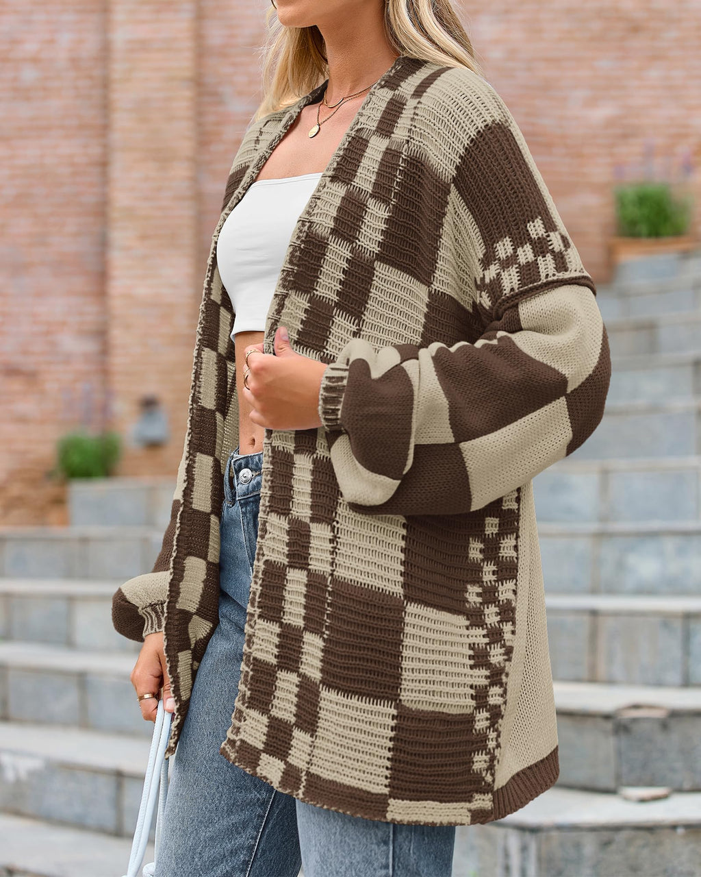 BTFBM Casual Cardigan Sweater for Women Fall Long Sleeve Sweaters Fall Outfits, Loose Fit,Solid,Open Front Chunky Knit Sweaters,Chunky Cardigan Sweaters For Women,Checkered Outwear Coat