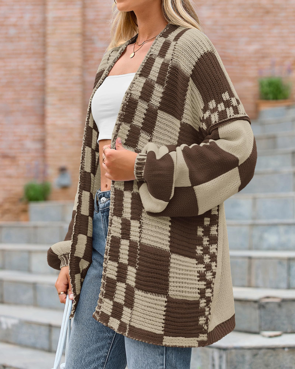 BTFBM Casual Cardigan Sweater for Women Fall Long Sleeve Sweaters Fall Outfits, Loose Fit,Solid,Open Front Chunky Knit Sweaters,Chunky Cardigan Sweaters For Women,Checkered Outwear Coat