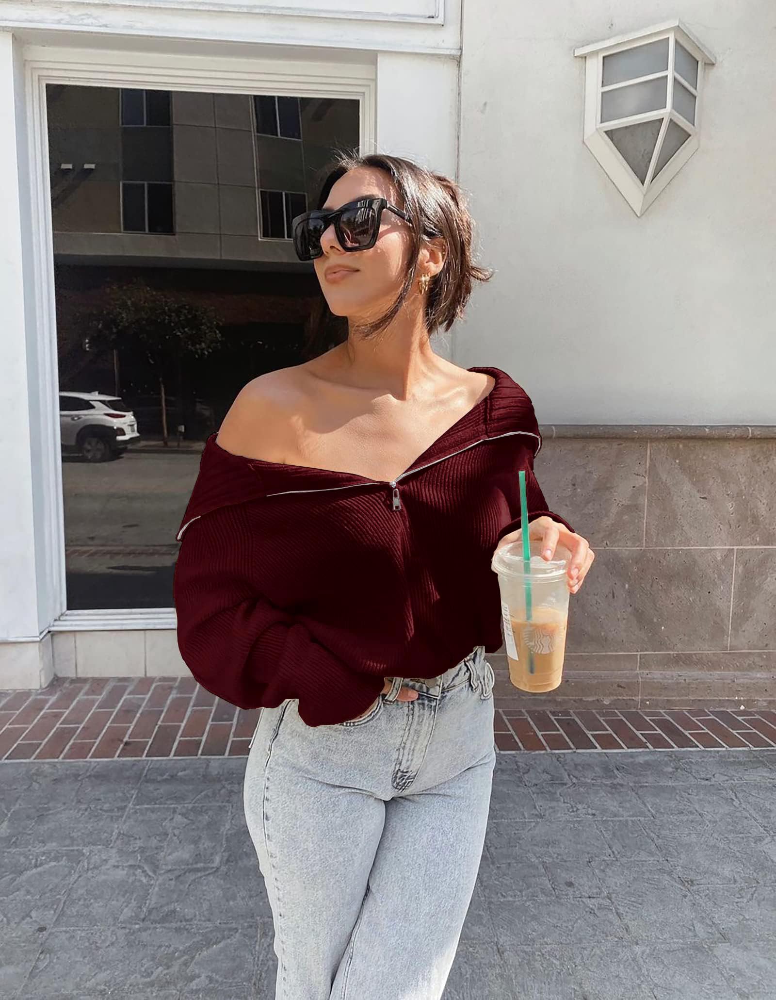 FreshPretty Womens Sweaters Quarter Zip Pullover V Neck Collar Long Sleeve Ribbed Knit Loose Casual Winter Fall Sweater