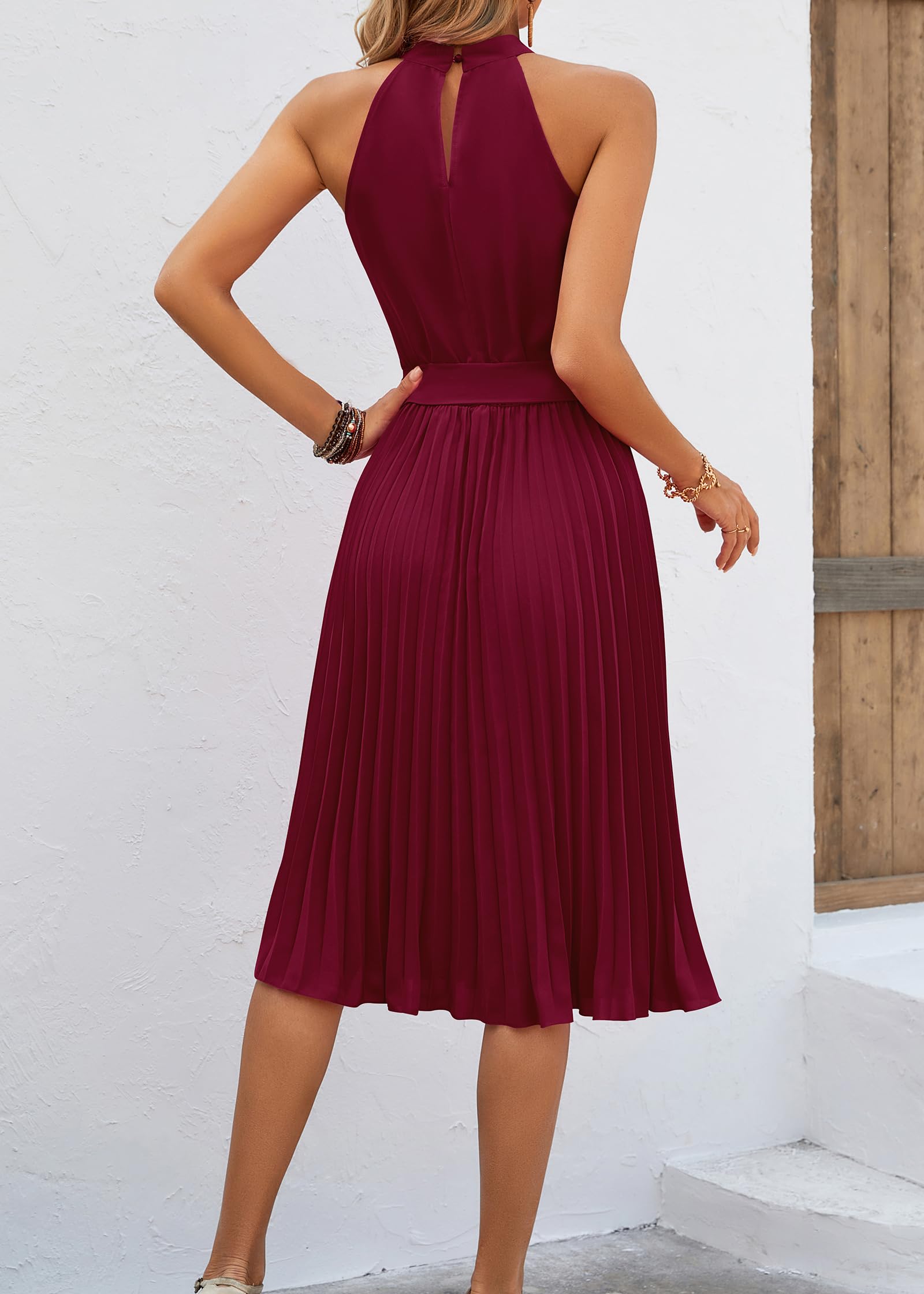 FreshPretty Women's Summer Sleeveless Halter Neck Pleated Midi Cocktail Dresses A Line Flowy Beach Sun Dress with Belt