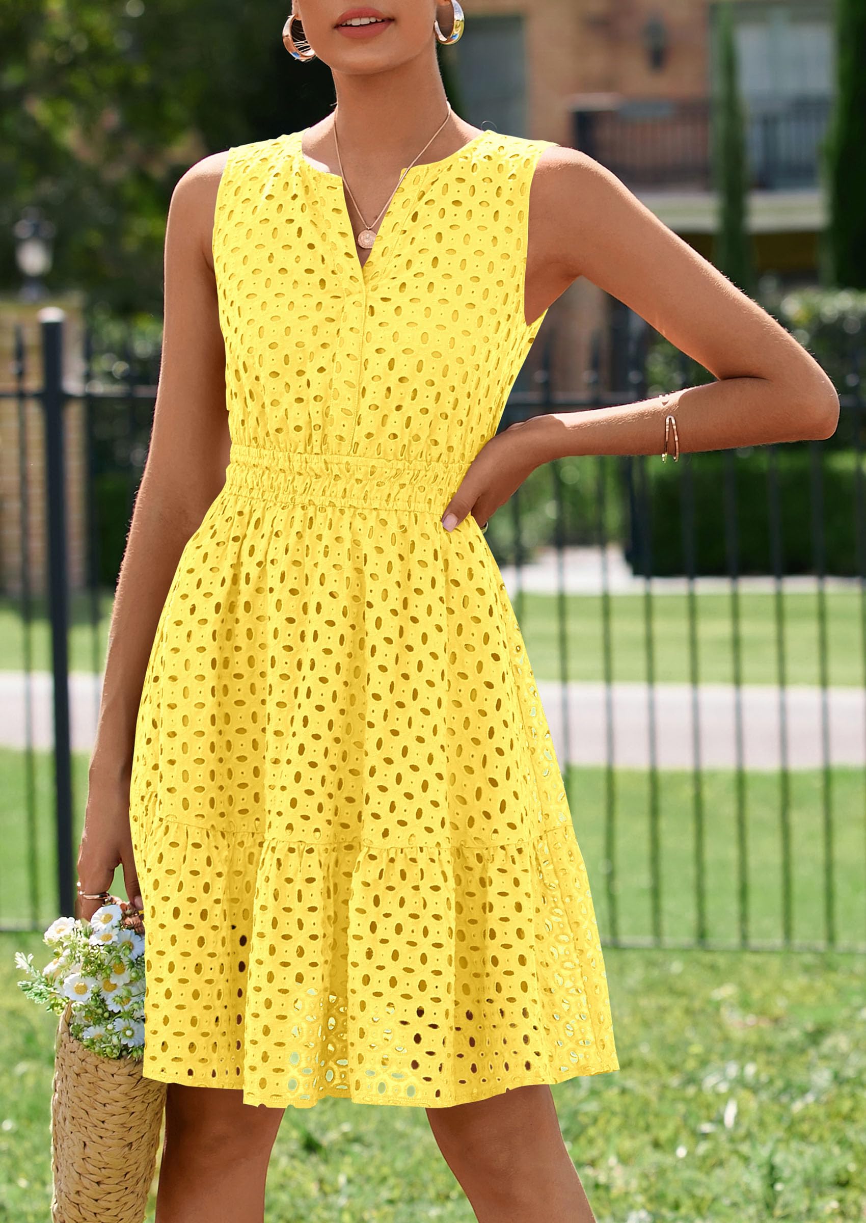 PRETTYGARDEN Women's Summer Dresses Sleeveless V Neck Eyelet Hollow Out Swing A Line Beach Vacation Sun Dress