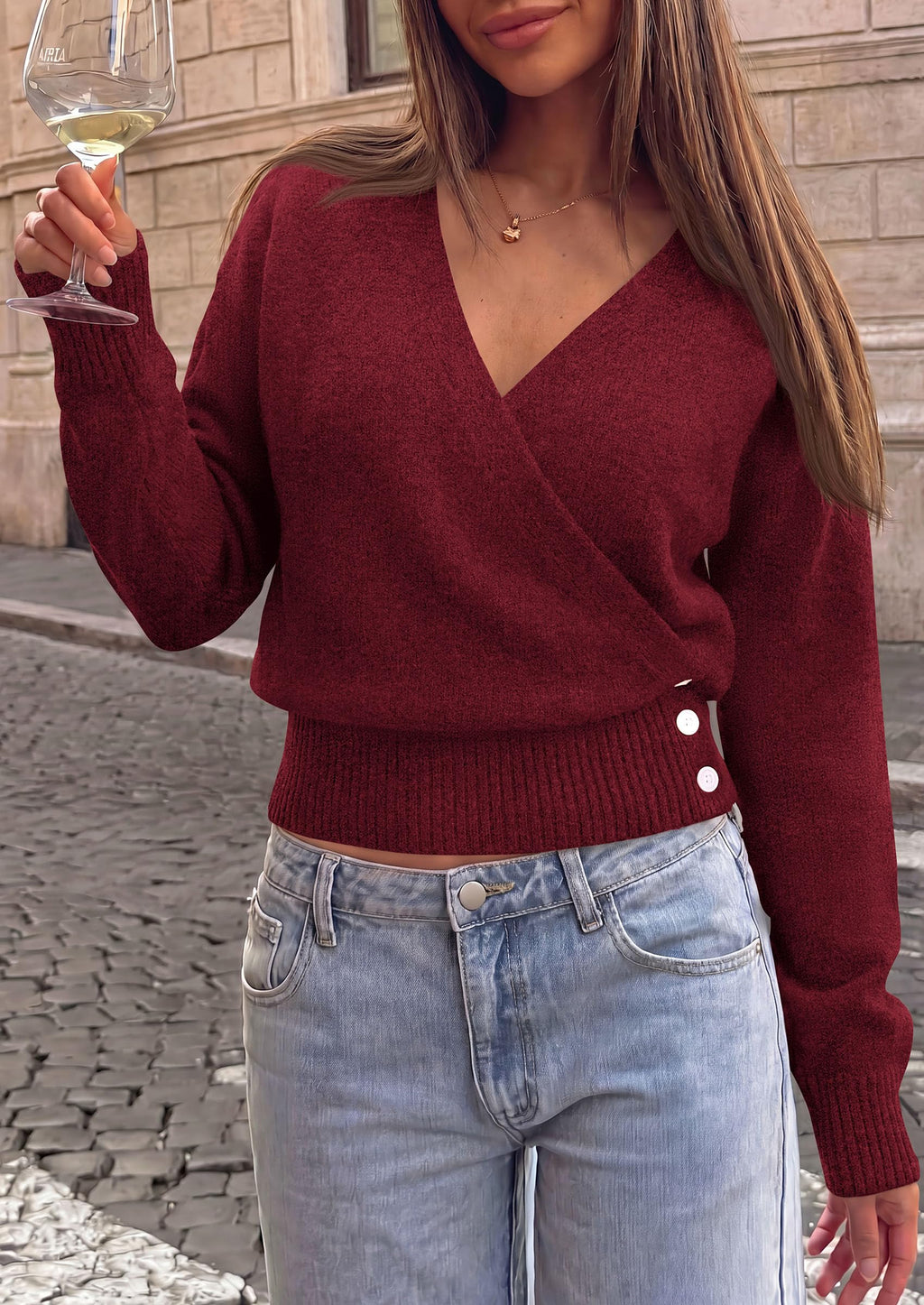 PRETTYGARDEN Women V Neck Wrap Sweater Cropped Tops，Fall Winter Fashion , Business Casual Outfits, Stretchy Soft knit, Wide Ribbed Hem with Side Buttons Pullover Sweaters
