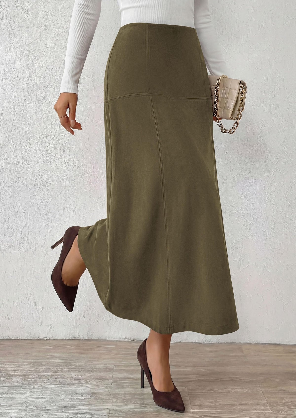 PRETTYGARDEN Womens High Waist Faux Suede A Line Midi Skirt | Hidden Stretch Elastic Waist, Front Back Panel Stitching, Vintage Elegant Mid-Calf Long Skirts for Fall Winter Office Daily