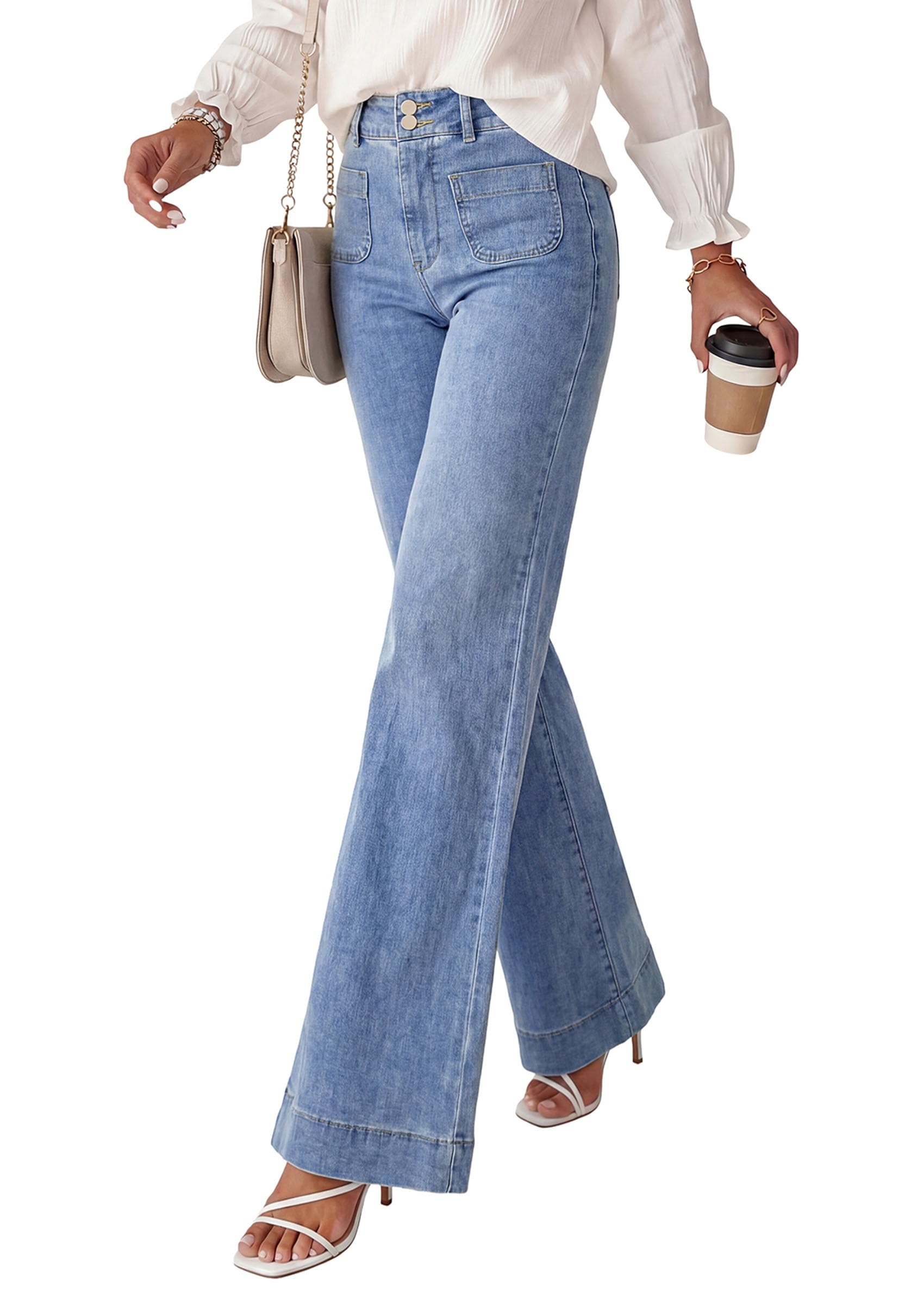 PRETTYGARDEN Womens Wide Leg Jeans High Waisted Stretchy | High Rise Flare Jeans with Front Patch Pockets, Loose Fit Daily Wear Denim, Trendy Office Work Pants, Business Casual Outfits