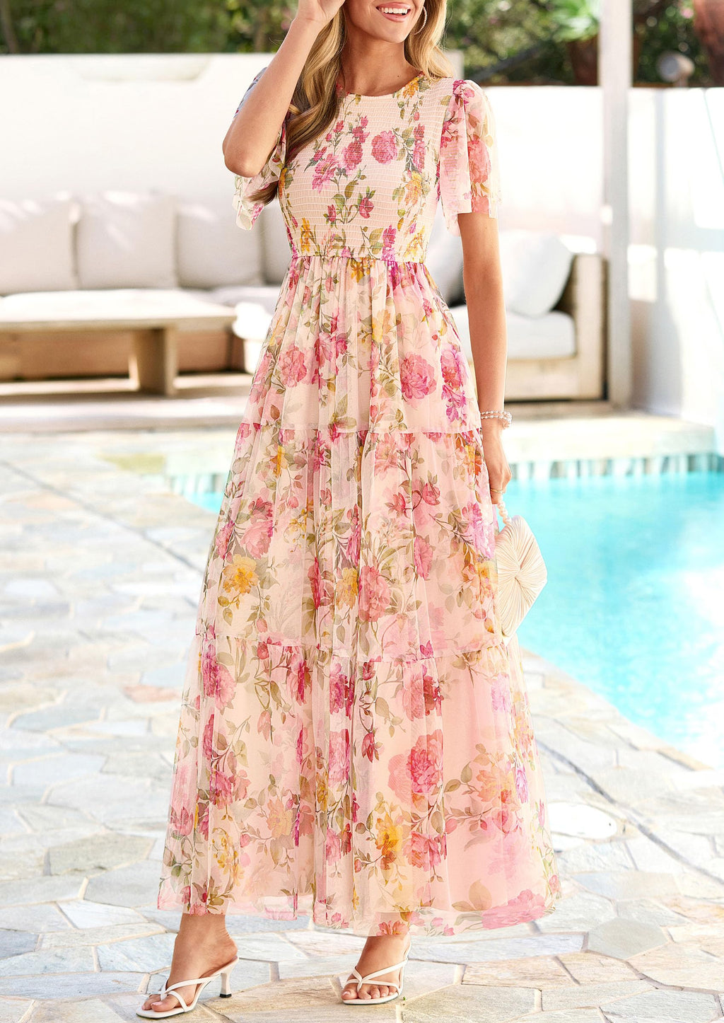PRETTYGARDEN Tulle Floral Dress Women Summer Wedding Guest  Spring Short Sleeve Maxi Smocked Flowy Beach Party Dresses