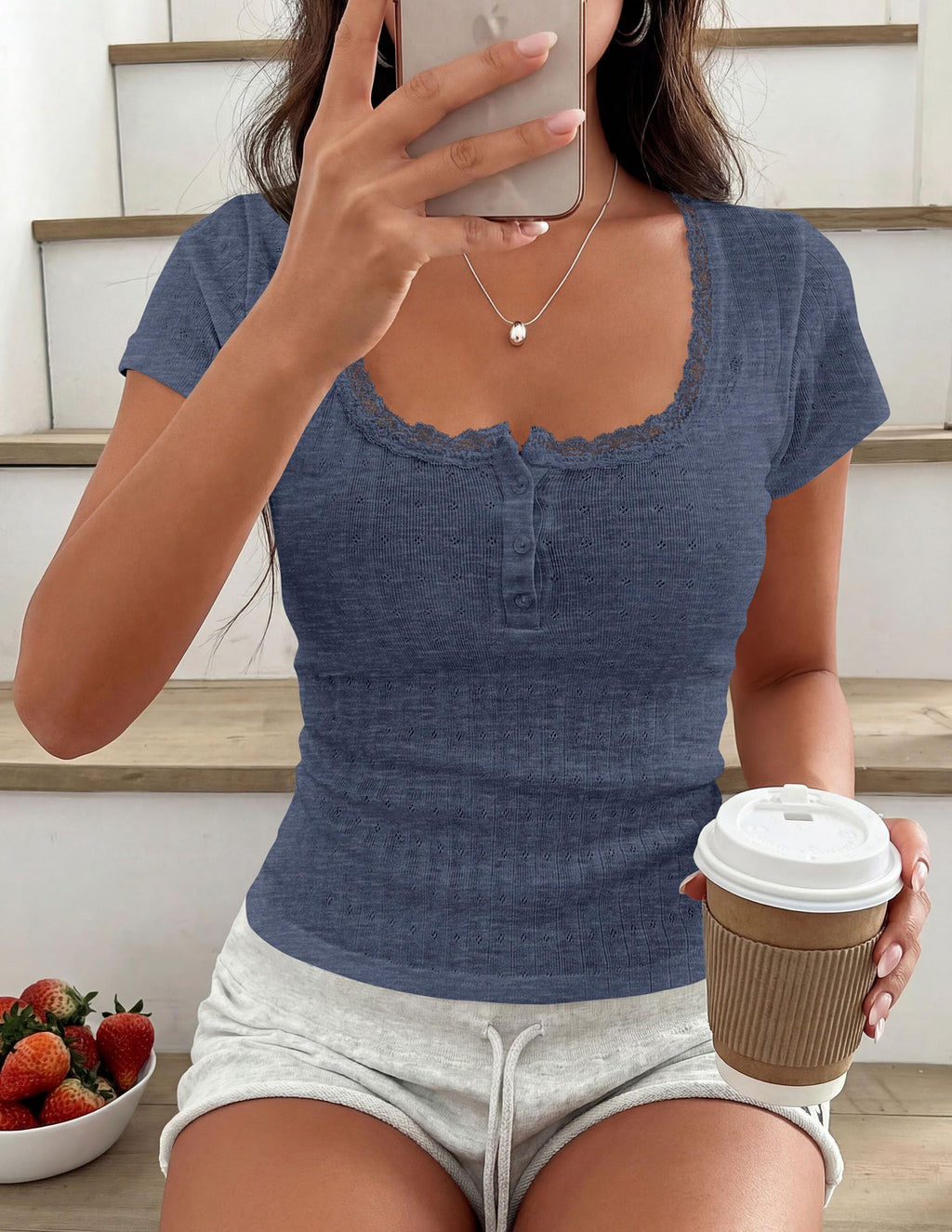 PRETTYGARDEN Summer Tops for Women Short Sleeve Lace Trim Slim Fitted Henley Tee Shirts Y2K Fashion Clothing