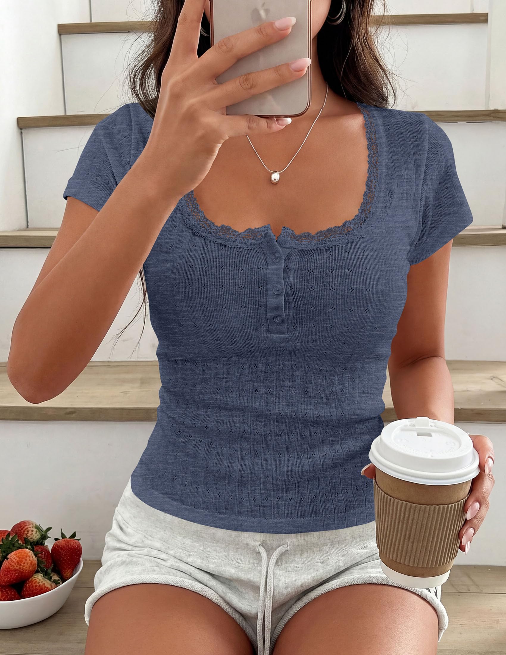 PRETTYGARDEN Summer Tops for Women Short Sleeve Lace Trim Slim Fitted Henley Tee Shirts Y2K Fashion Clothing