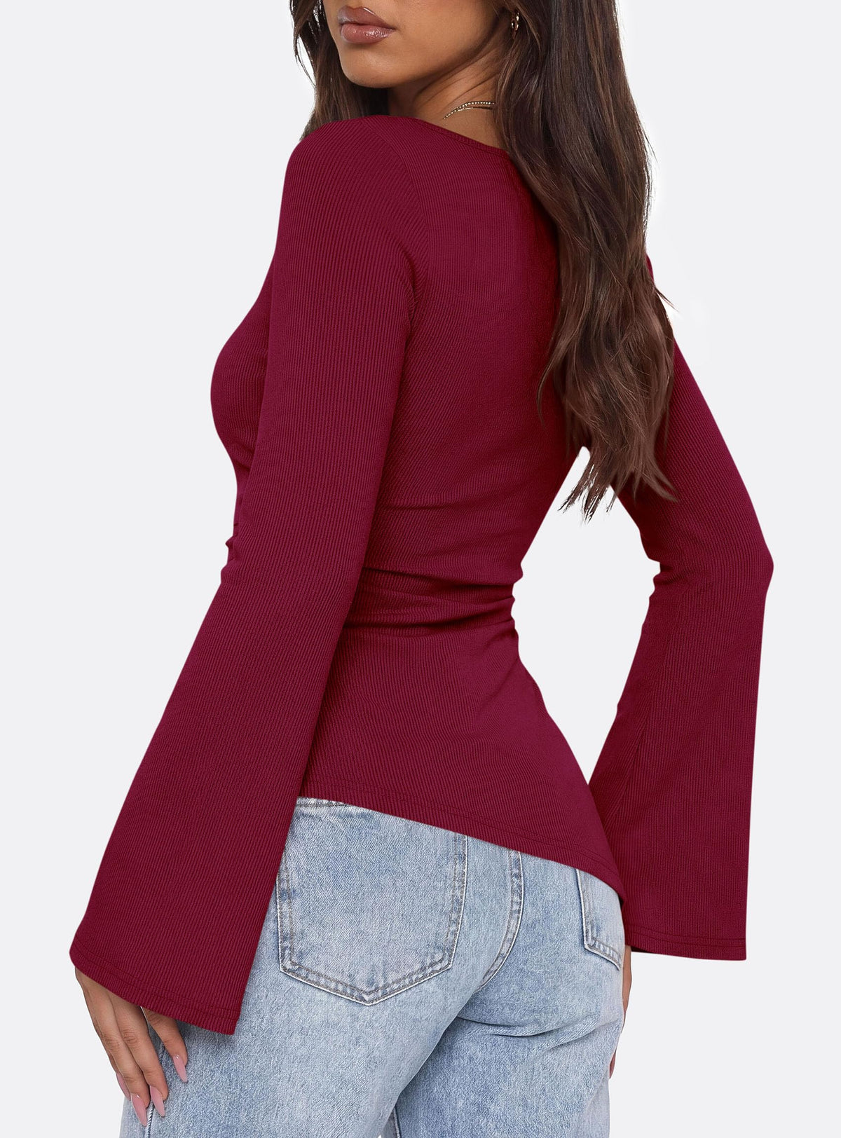 PRETTYGARDEN Women's Bell Long Sleeve Shirts Fall Boat Neck Ruched Asymmetrical Going Out Tops Ribbed Y2K Clothes