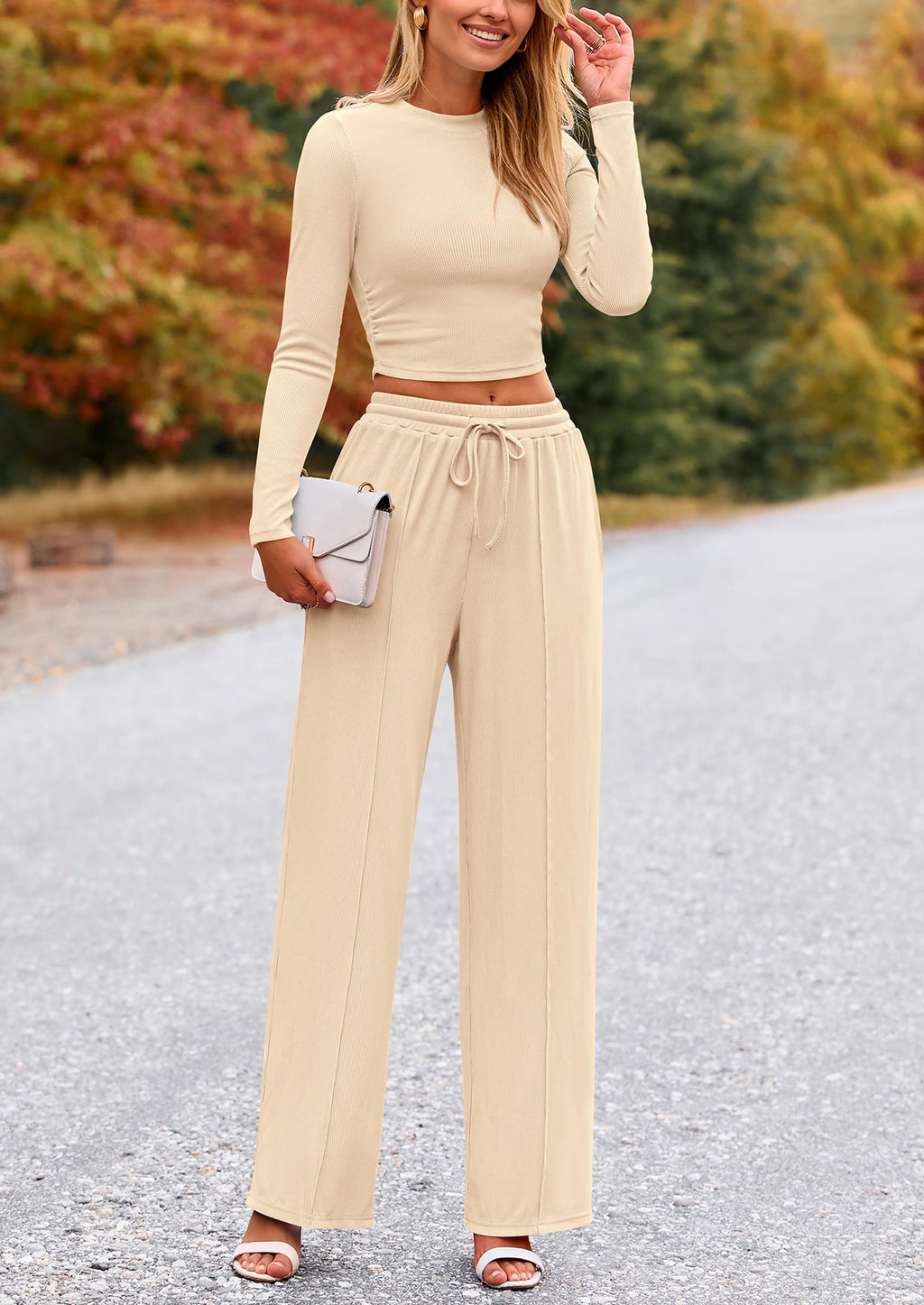 PRETTYGARDEN Women's 2 Piece Loungewear Long Sleeve Crop Top Wide Leg Palazzo Pants Set Tracksuits Casual Outfit