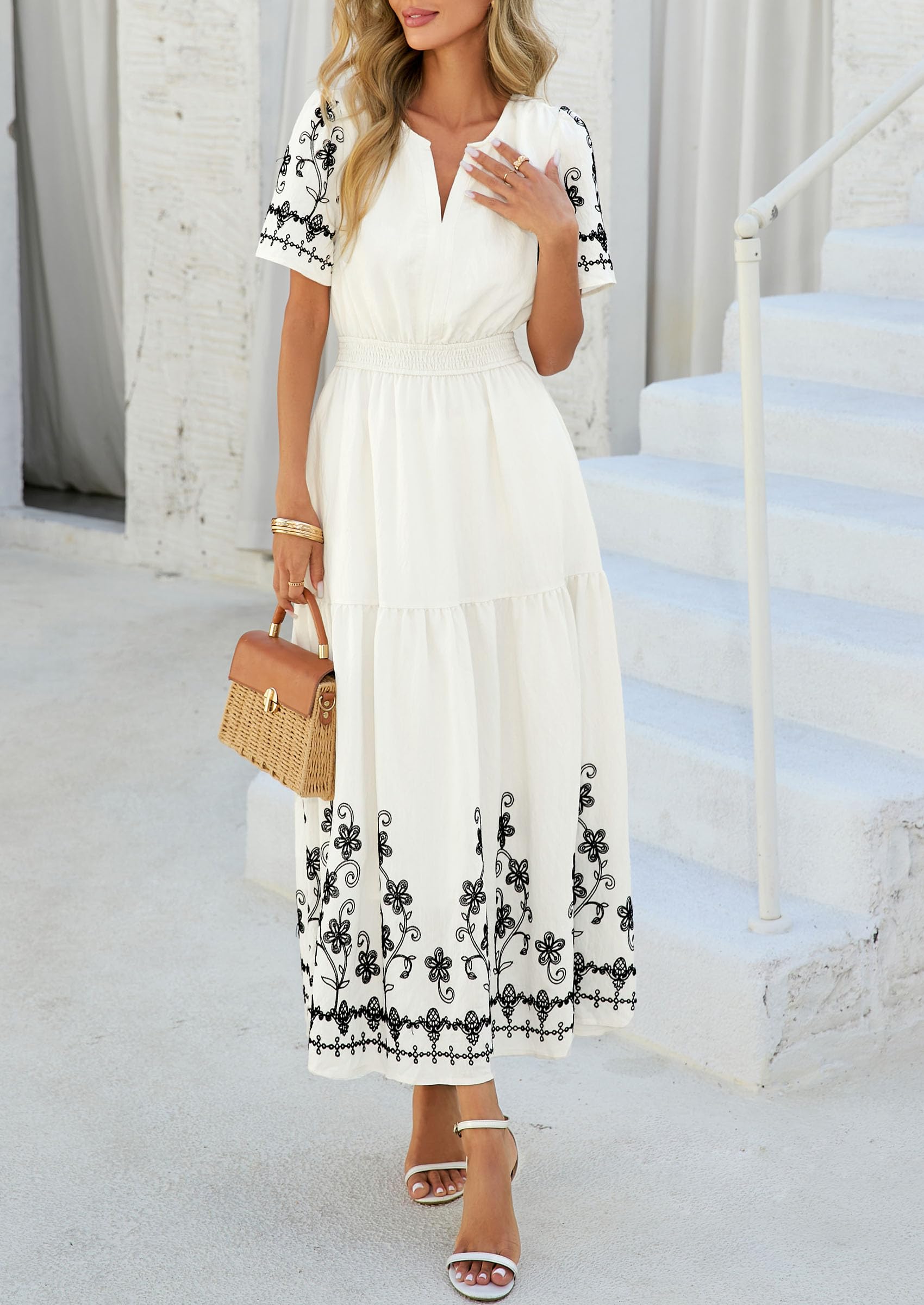 PRETTYGARDEN Women's Summer Boho Maxi Dress Spring Floral Short Sleeve V Neck A Line Flowy Beach Wedding Guest Dresses