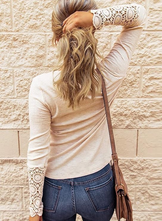 FreshPretty Women Long Sleeve Shirts Spring Solid Button Up V Neck Lace Long Sleeves Slim Fit Knit Casual Fall T-Shirts