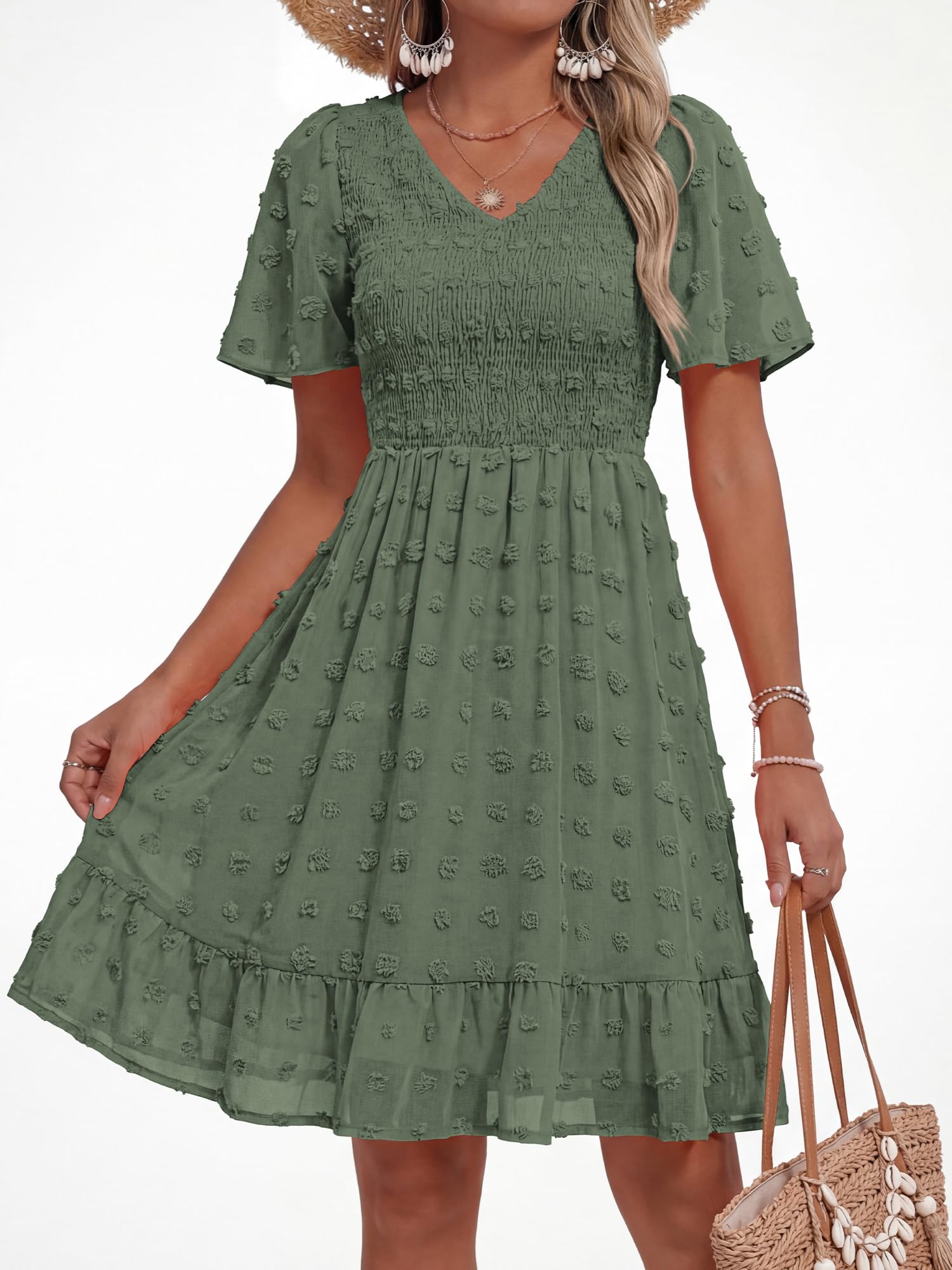 FreshPretty Womens Beach Vacation Dress Summer V Neck Short Sleeve Smocked Swiss Dot Ruffle Casual Mini Spring Dresses