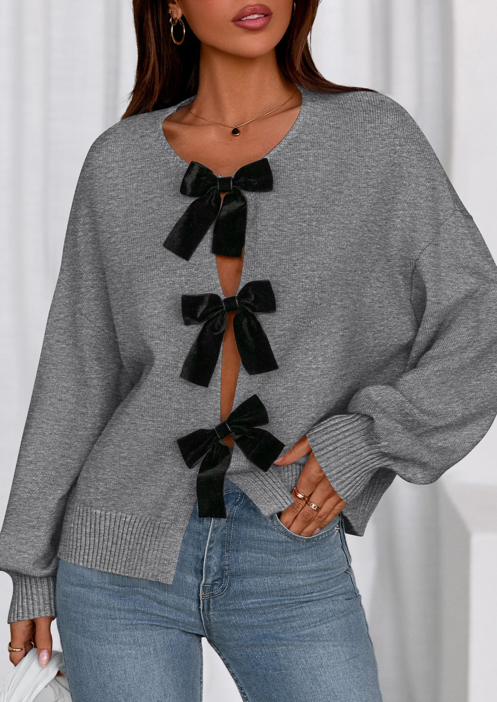 PRETTYGARDEN Cardigan Sweaters for Women Fall Fashion Bow Tie Front Long Sleeve Knit Sweater Tops Cute Winter Clothes