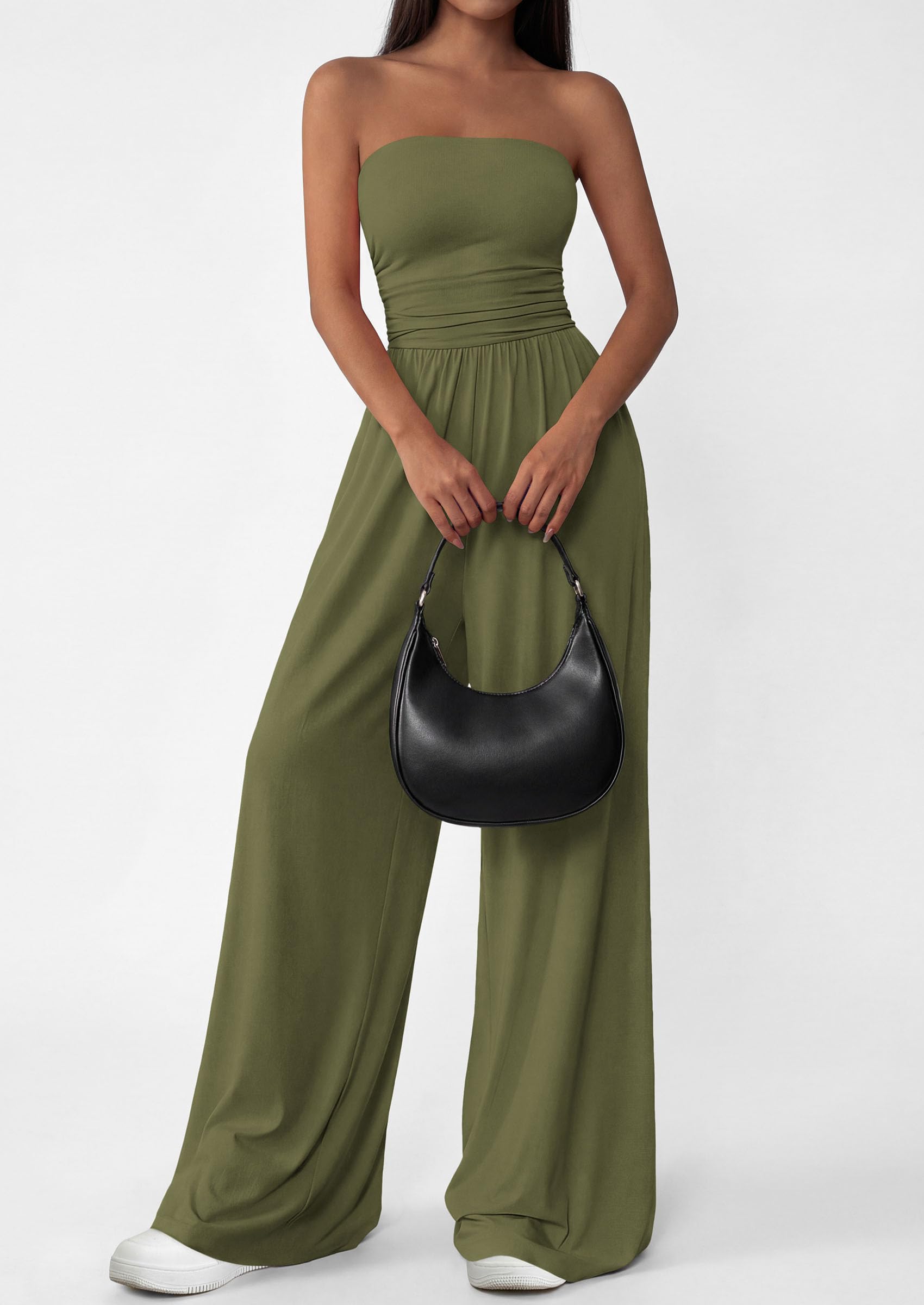 PRETTYGARDEN Womens Trendy Strapless Rompers Ruched Tube Top Wide Leg One Piece Jumpsuits Beach Vacation Summer Outfits