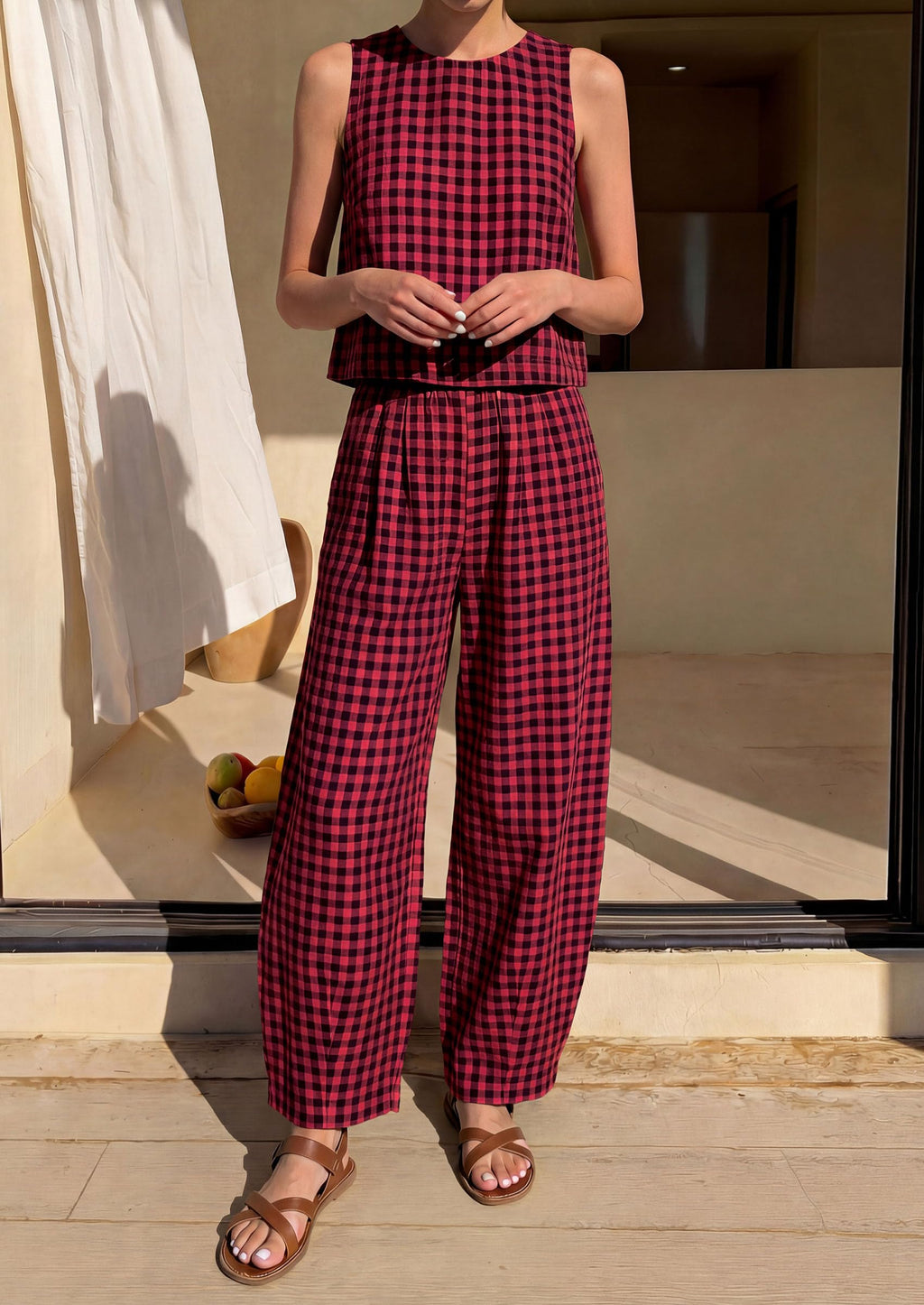 PRETTYGARDEN Womens 2 Piece Sets Summer Plaid Sleeveless Tops Wide Leg Pants Matching Lounge Set Beach Vacation Outfits