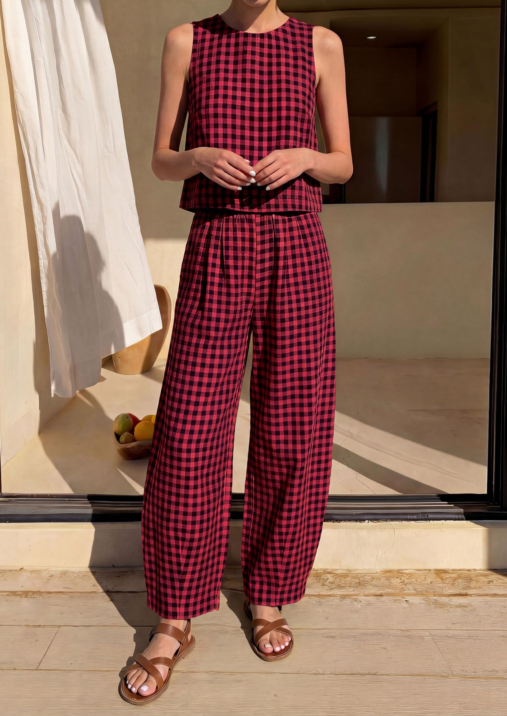 PRETTYGARDEN Womens 2 Piece Sets Summer Plaid Sleeveless Tops Wide Leg Pants Matching Lounge Set Beach Vacation Outfits