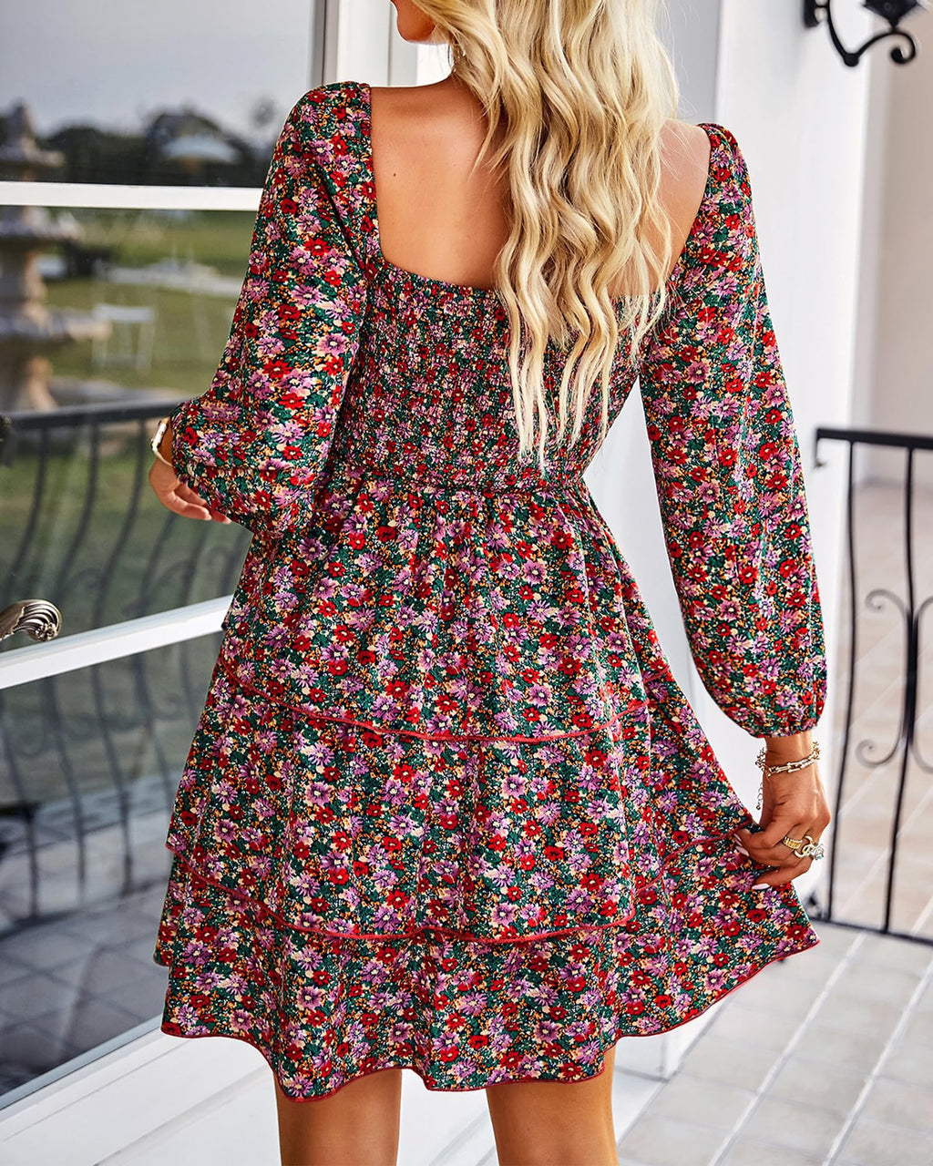FreshPrettyWomen Square Neck Smocked Dresses Summer Spring Long Sleeve Floral Swiss Dot Mini Boho Wedding Guest Dress