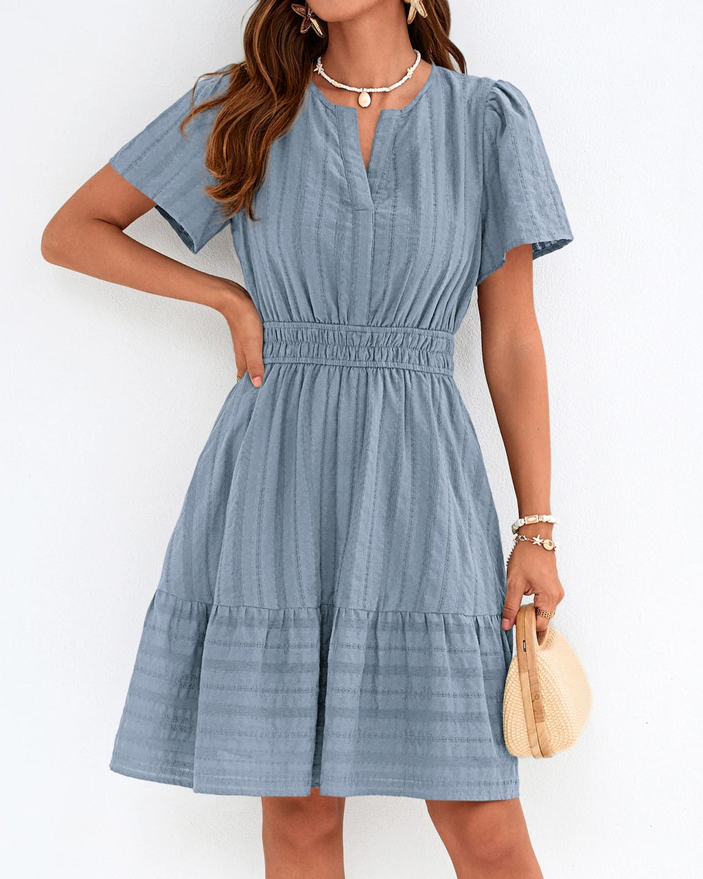 BTFBM Womens Spring  Casual Mini Dresses Lightweight Short Sleeve V Neck Elastic Waist Cute Boho Beach Dress Pockets
