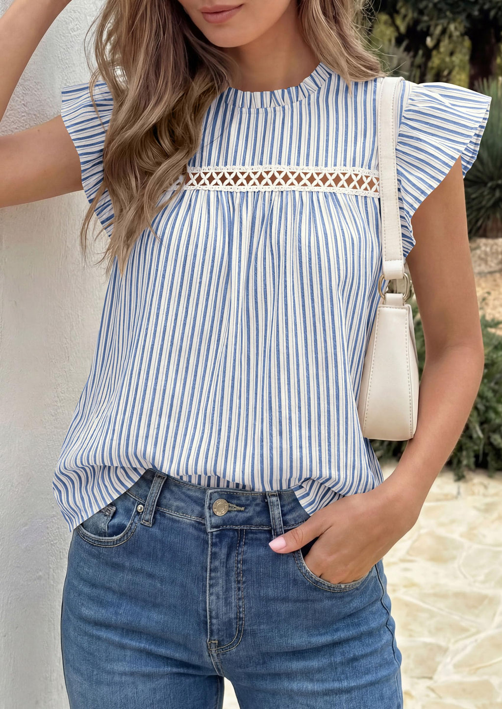 PRETTYGARDEN Striped Shirt Womens Summer Tops  Spring Business Casual Work Dressy Crochet Lace Ruffle Cap Sleeve Blouse