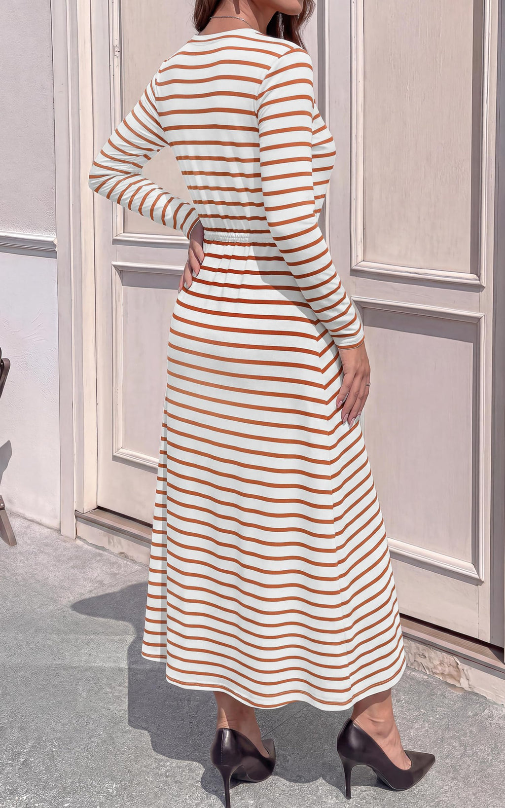FreshPretty Long Sleeve Maxi Dresses for Women Fall Casual Loose Striped Dress|Cotton T Shirt Dress, Loose Fit Dress with Pocket, Business Casual Work Teacher, Fall Outfits
