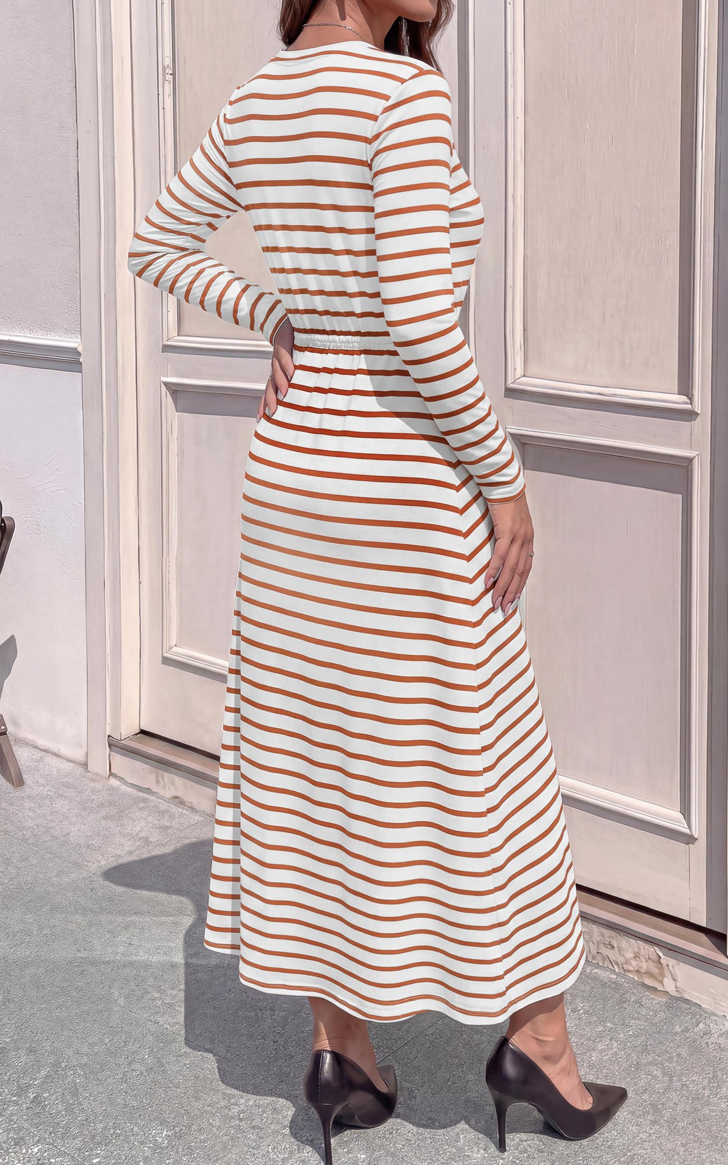 FreshPretty Long Sleeve Maxi Dresses for Women Fall Casual Loose Striped Dress|Cotton T Shirt Dress, Loose Fit Dress with Pocket, Business Casual Work Teacher, Fall Outfits