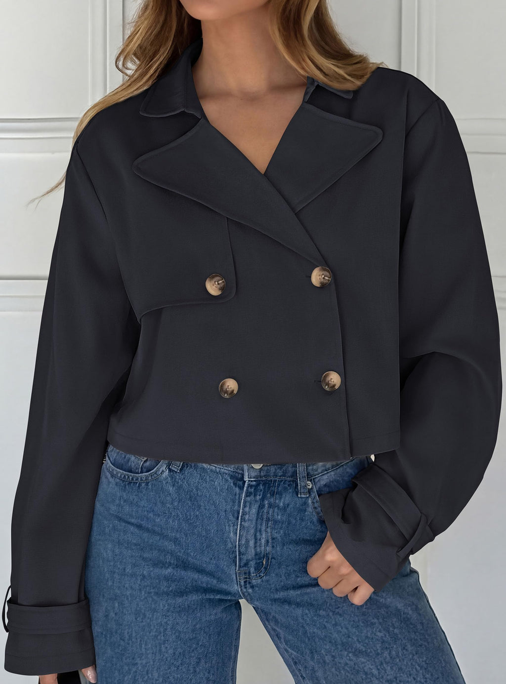 PRETTYGARDEN Cropped Trench Coat For Women Short Jacket,Soft Lightweight Coats, Lapel Double Breasted, Long Sleeve Loose Fit, Casual Work Office Jackets, Fall Winter Outwear