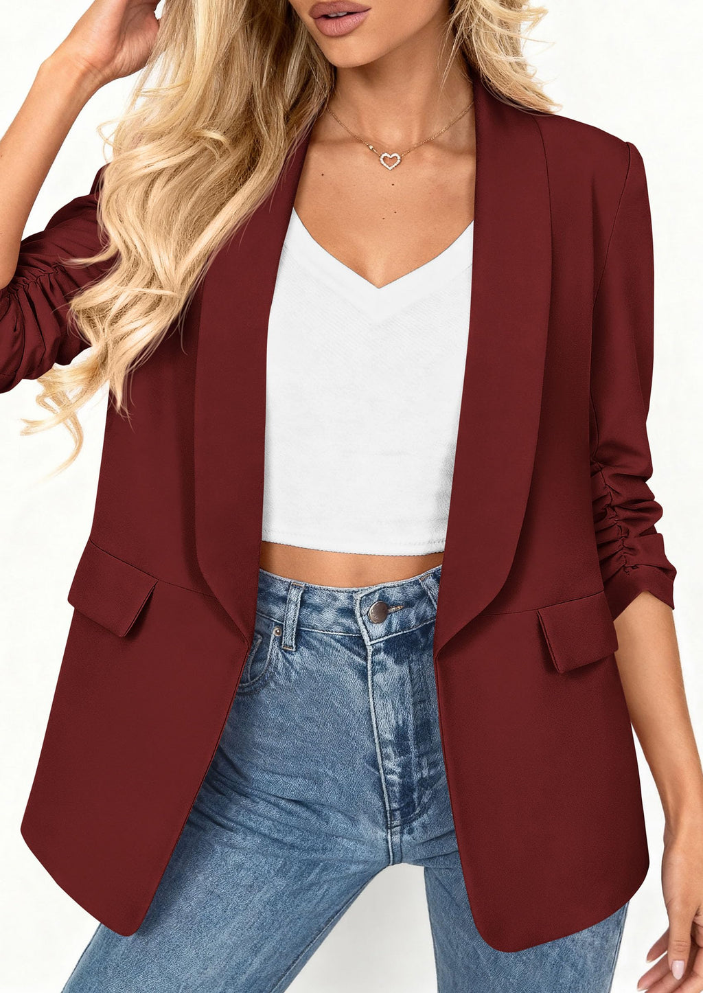PRETTYGARDEN Women's Summer Blazers Business Casual Outfits | Ruched 3/4 Sleeve,Shawl Lapel,Collared Open Front,Padded Shoulder,Lightweight Jackets,Office Work Suits,Spring Fall Clothes