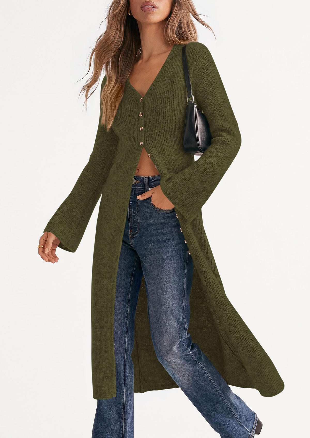 PRETTYGARDEN Women Long Cardigan Bell Sleeve Sweater Dress Early Fall Fashion, V Neck Button Down Coats, Fit and Flare, Duster Sweater, Acrylic Cotton Blend