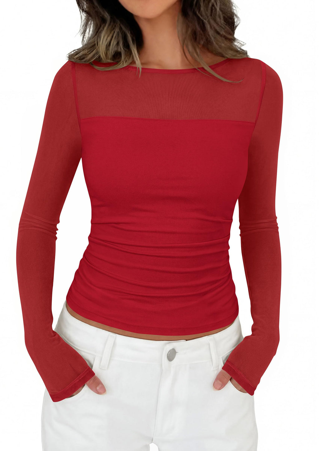 PRETTYGARDEN Women's Sheer Mesh Long Sleeve Going Out Tops | Comfy Stretchy Patchwork,Boat Neck,Ruched Slim Fitted,See Through,Trendy Shirts,Date Night Outfit,Early Fall Fashion Clothing