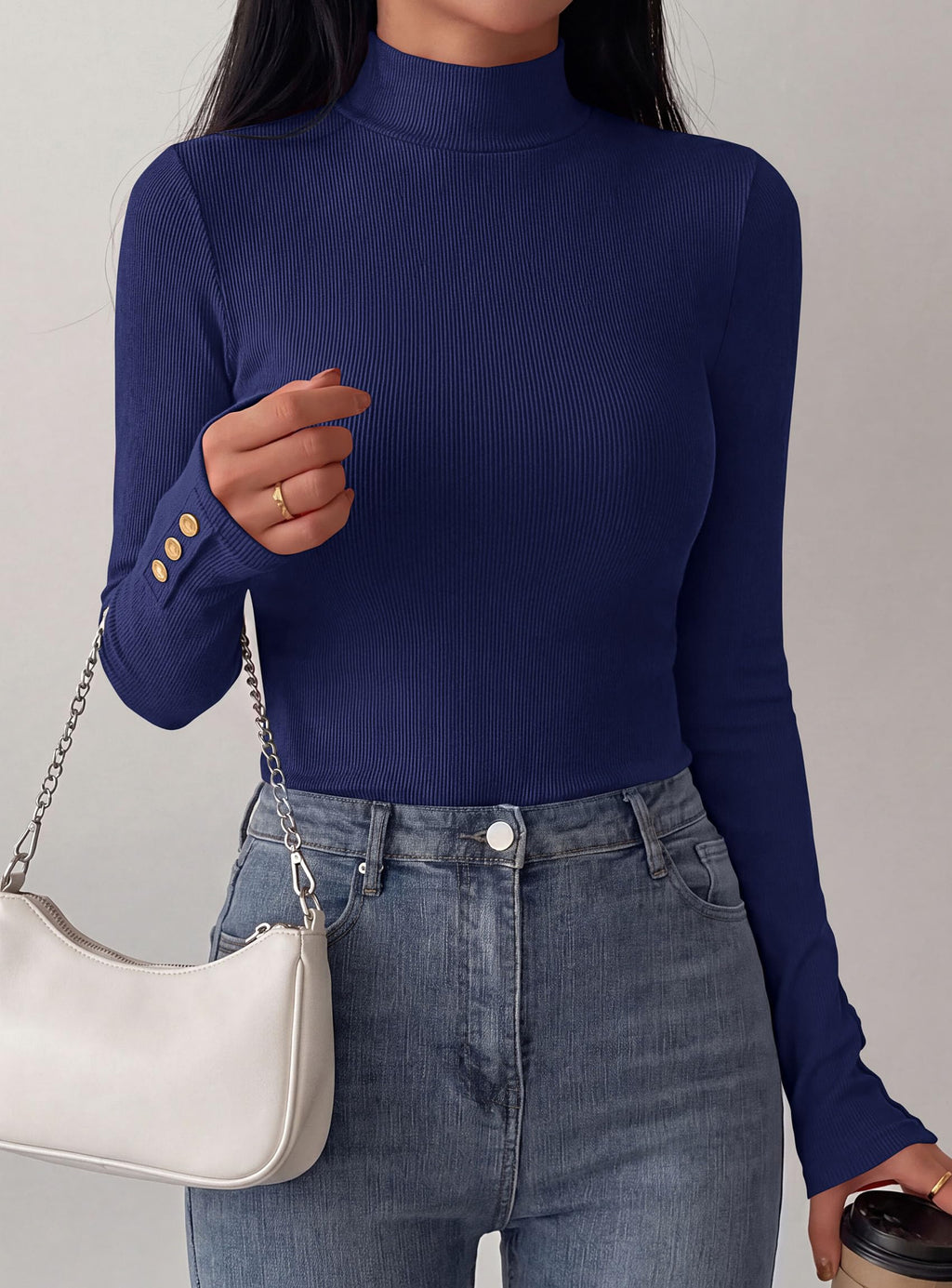 PRETTYGARDEN Women's Ribbed Mock Neck Long Sleeve Tops | Slim Fitted T-Shirts, Soft Stretch, Decorative Buttons, Going Out Work Casual Wear, Fall Outfits Layering Winter Clothes