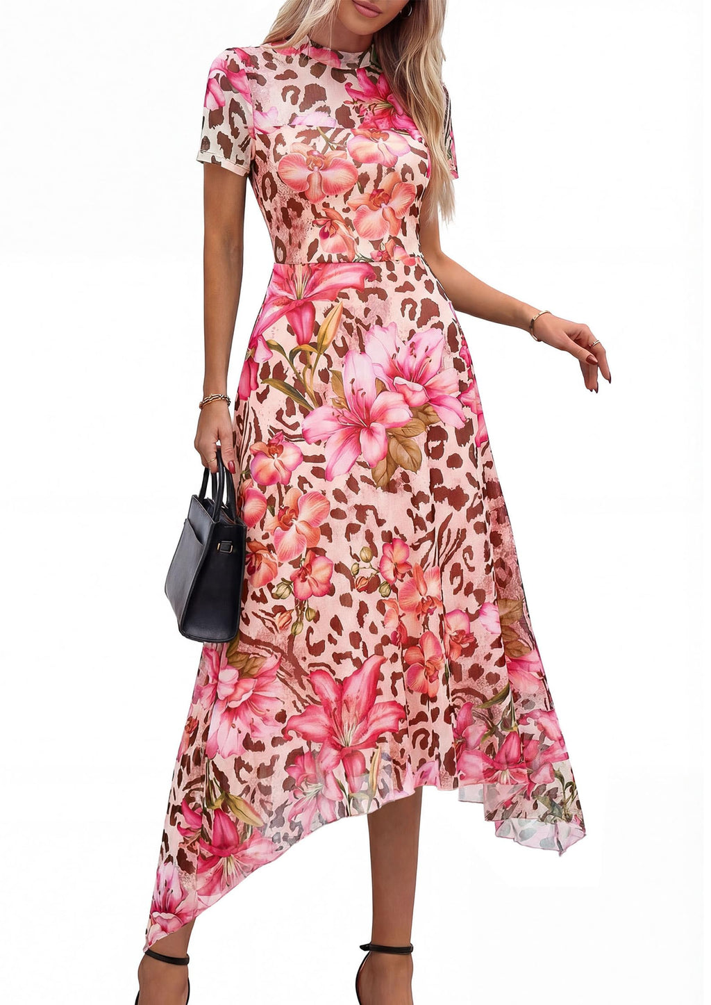 PRETTYGARDEN Cocktail Dresses for Women  Summer Short Sleeve Floral Mesh Sheer Midi Party Wedding Guest Dress
