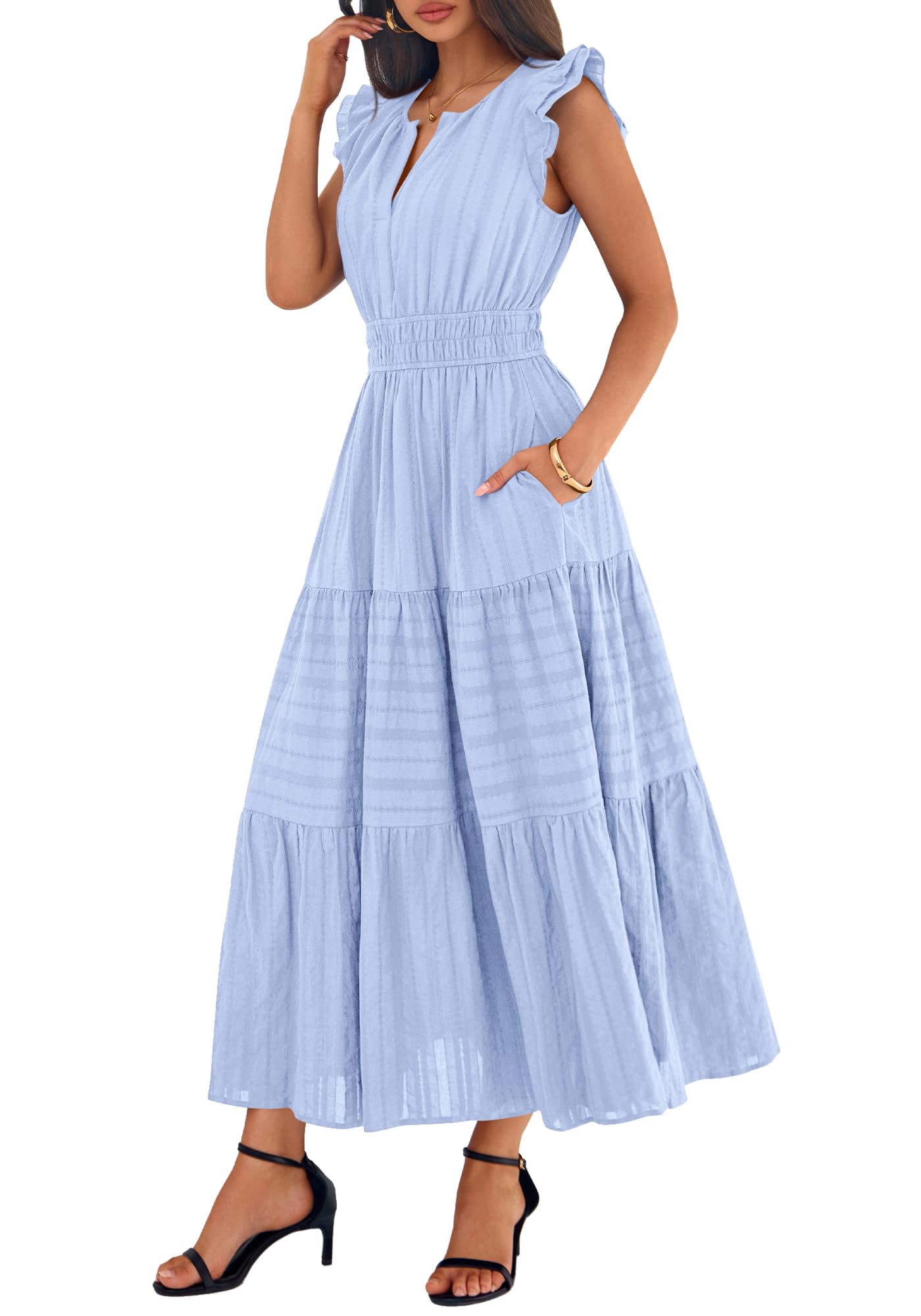 BTFBM Womens Summer Maxi Dress  Spring Boho Vacation Ruffle Flutter Short Sleeve A Line Tiered Flowy Dresses Pockets