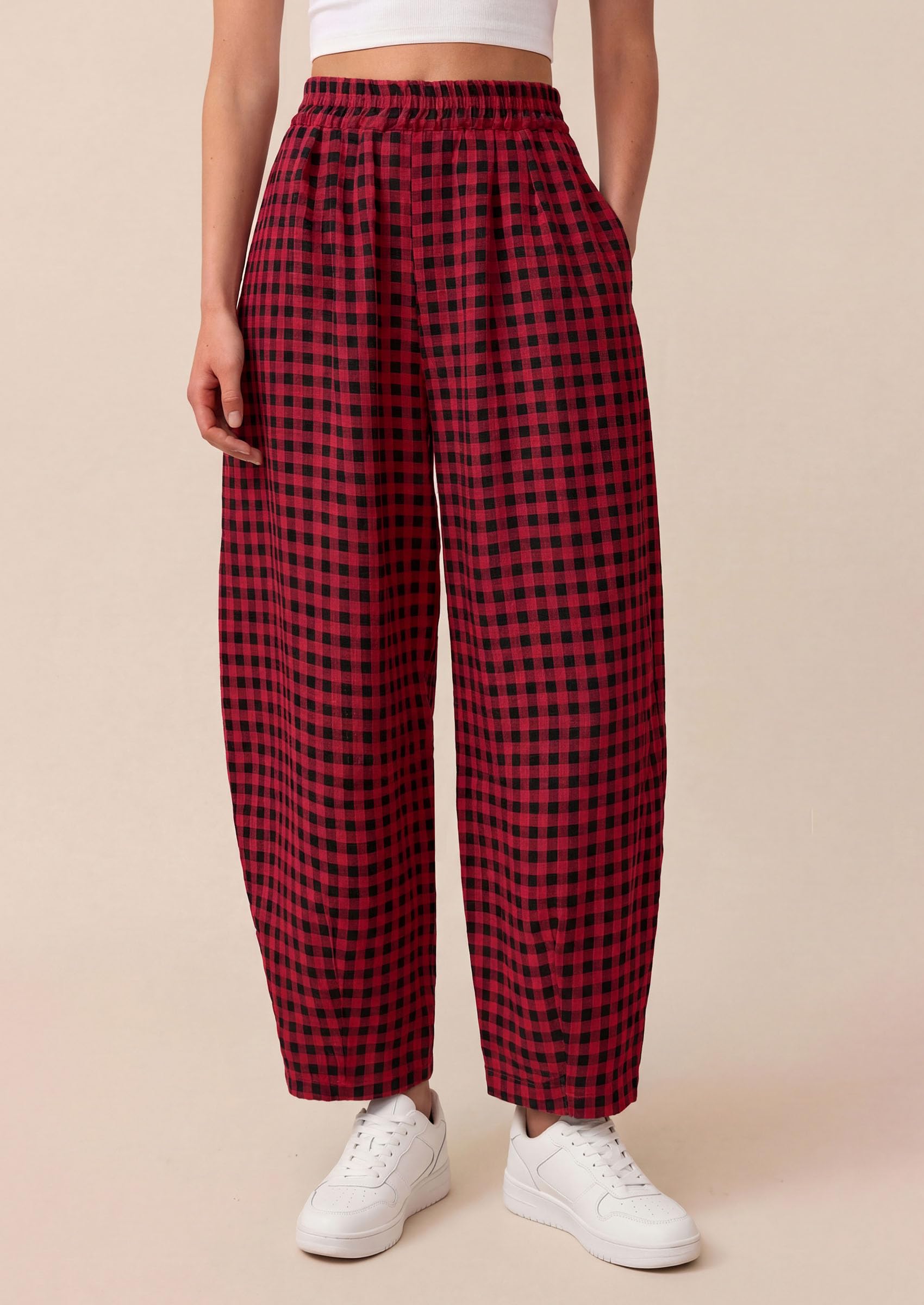 PRETTYGARDEN Plaid Barrel Pants Women Summer Casual Loose Wide Leg Lounge Gingham Trousers Spring Fashion Beach Bottoms