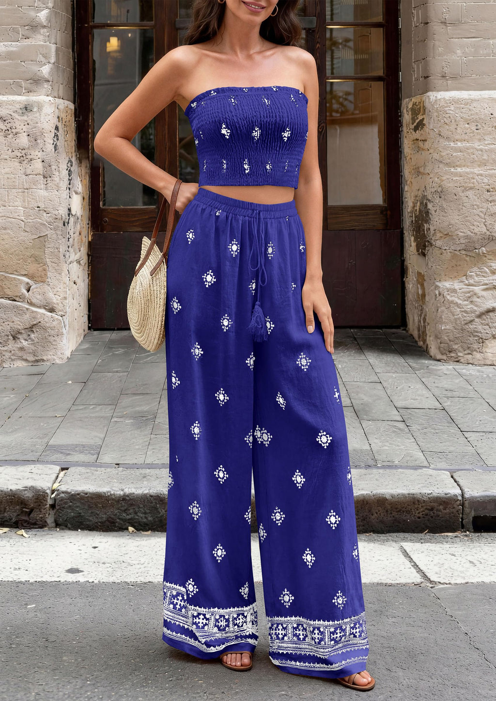 PRETTYGARDEN 2 Piece Sets for Women Summer  Travel Outfits Print Tube Tops Wide Leg Pants Beach Vacation Clothes