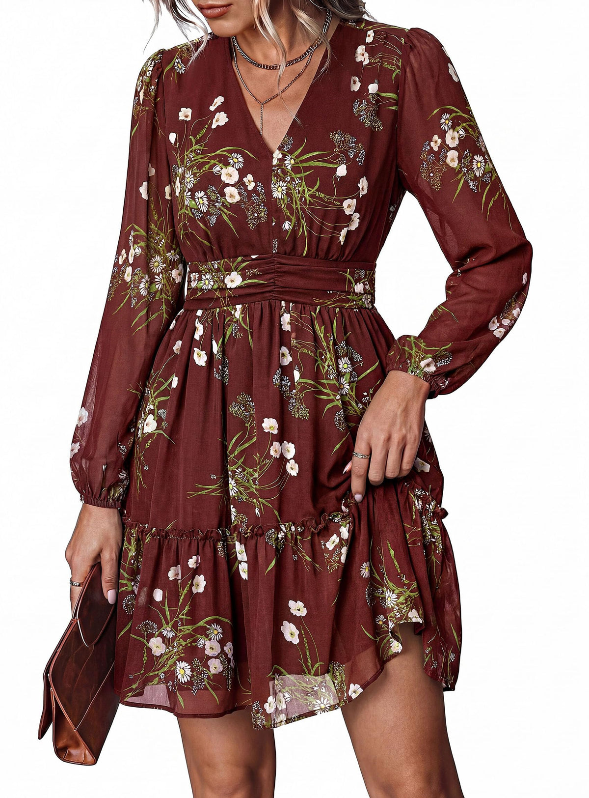 PRETTYGARDEN Women Floral Long Sleeve Mini Dress | Fall Wedding Guest Dresses, V Neck, Fit & Flare, Ruffle Hem A-Line, Short Chiffon Dress, Elegant Holiday Party, Date Outfits