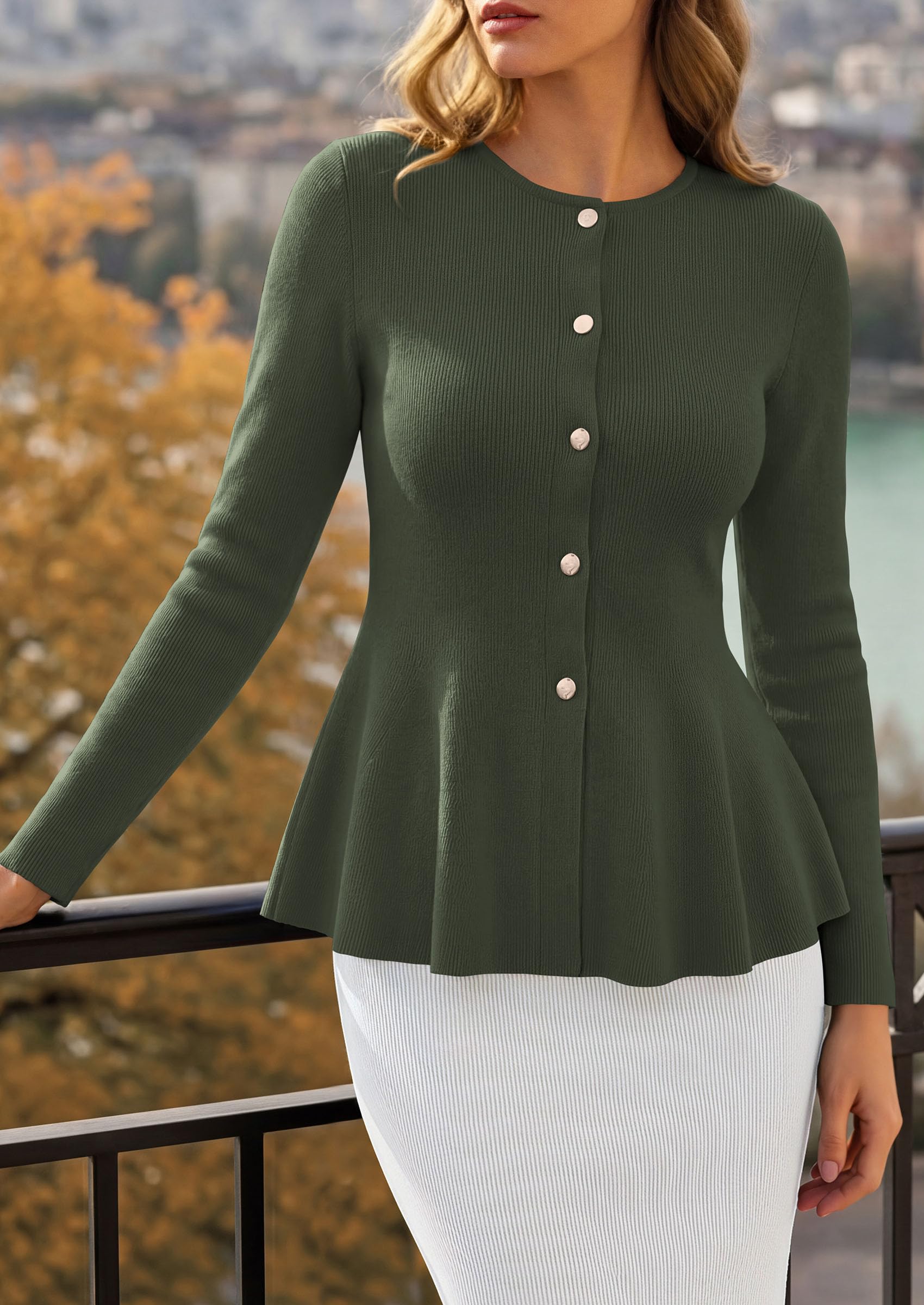 PRETTYGARDEN Women's Fall Lightweight Cardigan Sweaters | Long Sleeve Peplum Tops, Button Up, Slim Fitted, Flared Hem, Soft Ribbed Knit, Business Casual Outfits, Winter Trendy Clothes