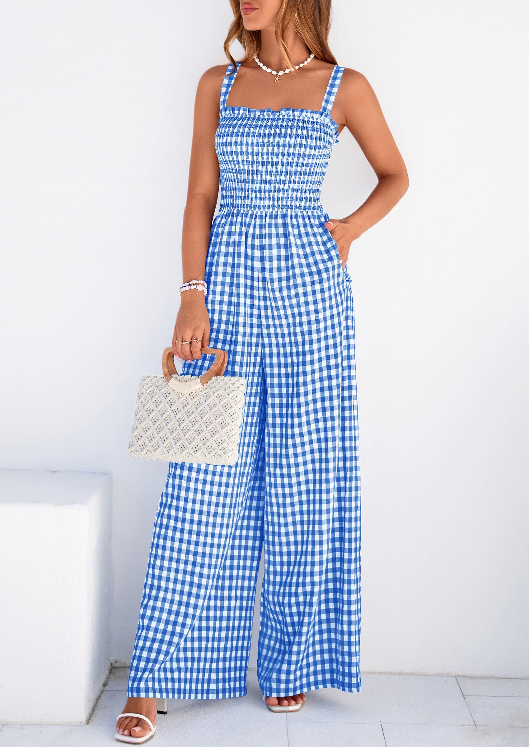 PRETTYGARDEN One Piece Jumpsuits for Women Casual Summer Cruise Outfits  Spring Fashion Smocked Wide Leg Gingham Rompers