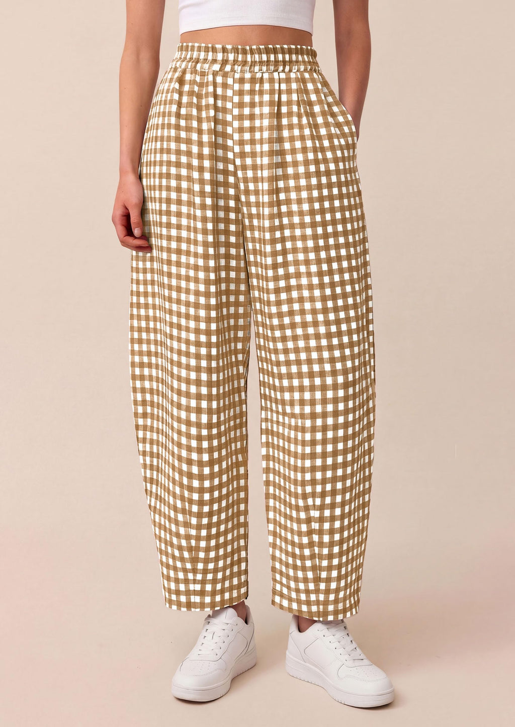 PRETTYGARDEN Plaid Barrel Pants Women Summer Casual Loose Wide Leg Lounge Gingham Trousers Spring Fashion Beach Bottoms