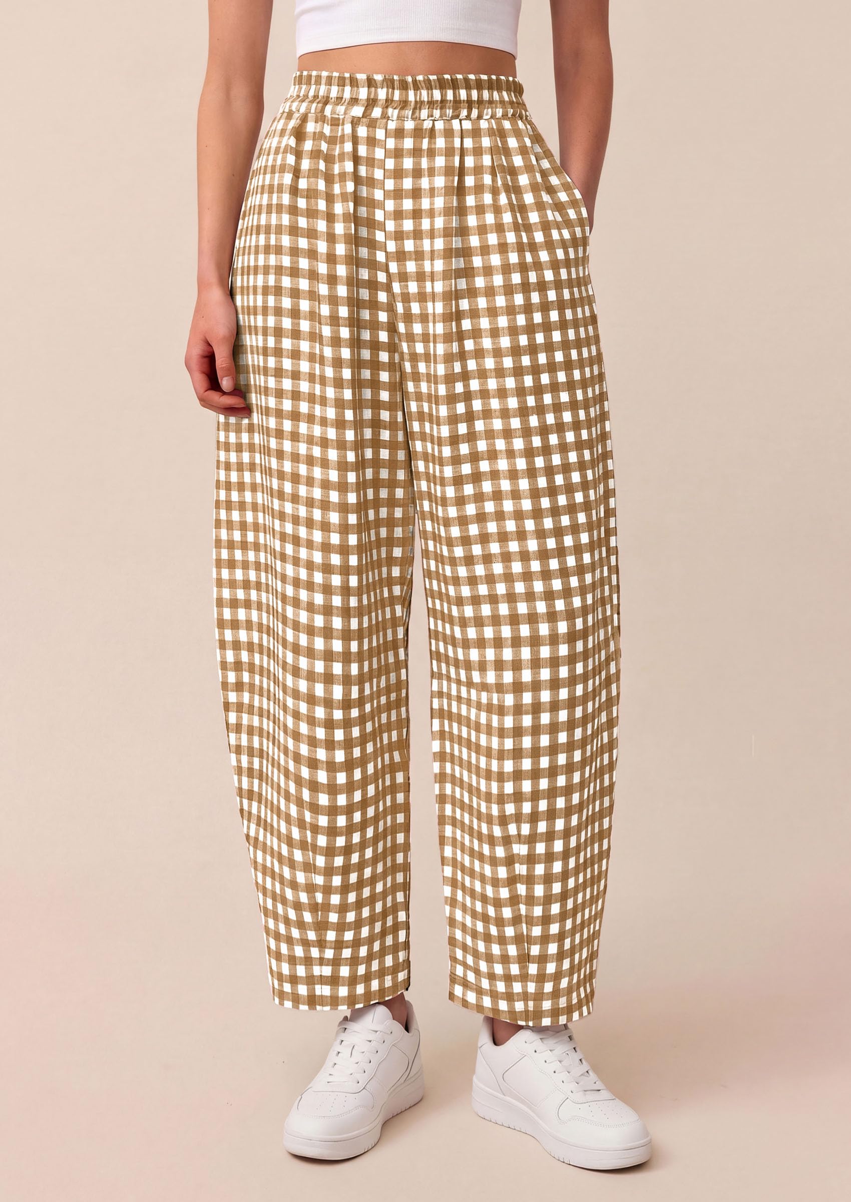 PRETTYGARDEN Plaid Barrel Pants Women Summer Casual Loose Wide Leg Lounge Gingham Trousers Spring Fashion Beach Bottoms