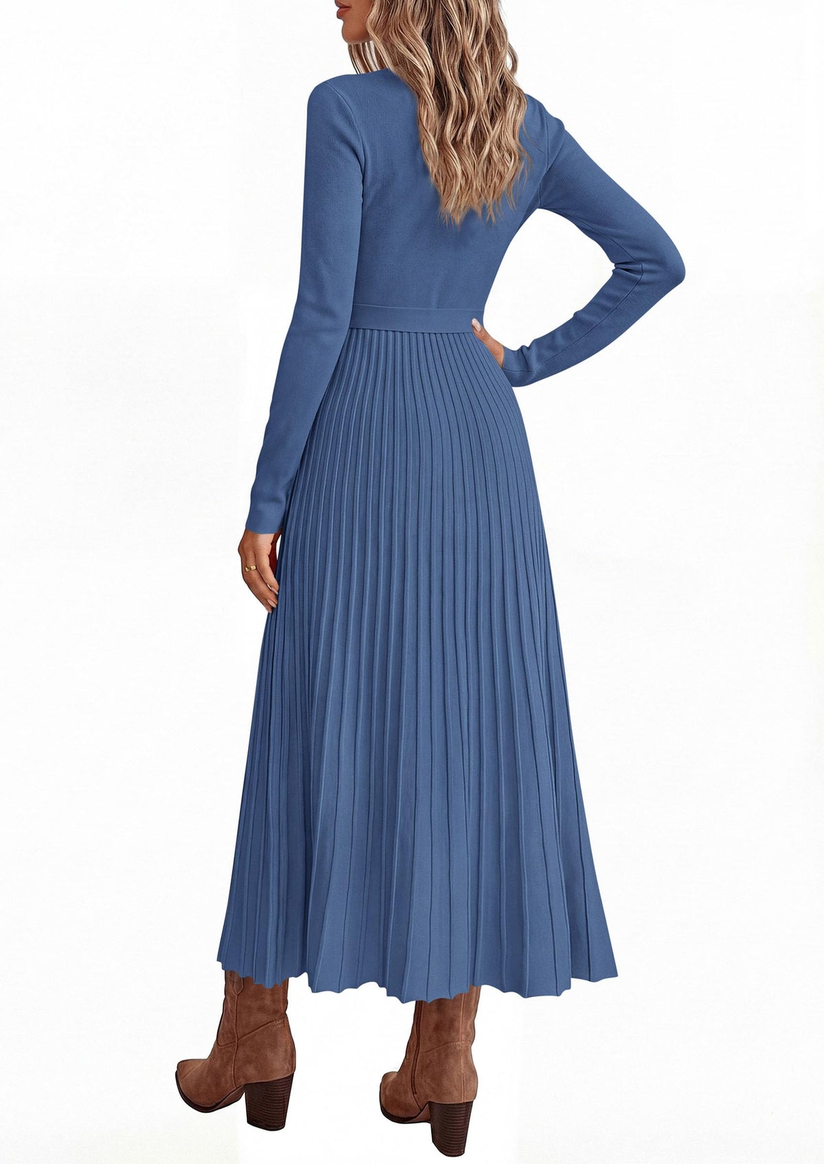 PRETTYGARDEN Womens Fall Maxi Long Sleeve Sweater Dress Soft Stretchy Knit, V Neck A Line Dresses with Bow, Flowy Pleated Hem, Cocktail Party Outfits, Trendy Winter Clothes