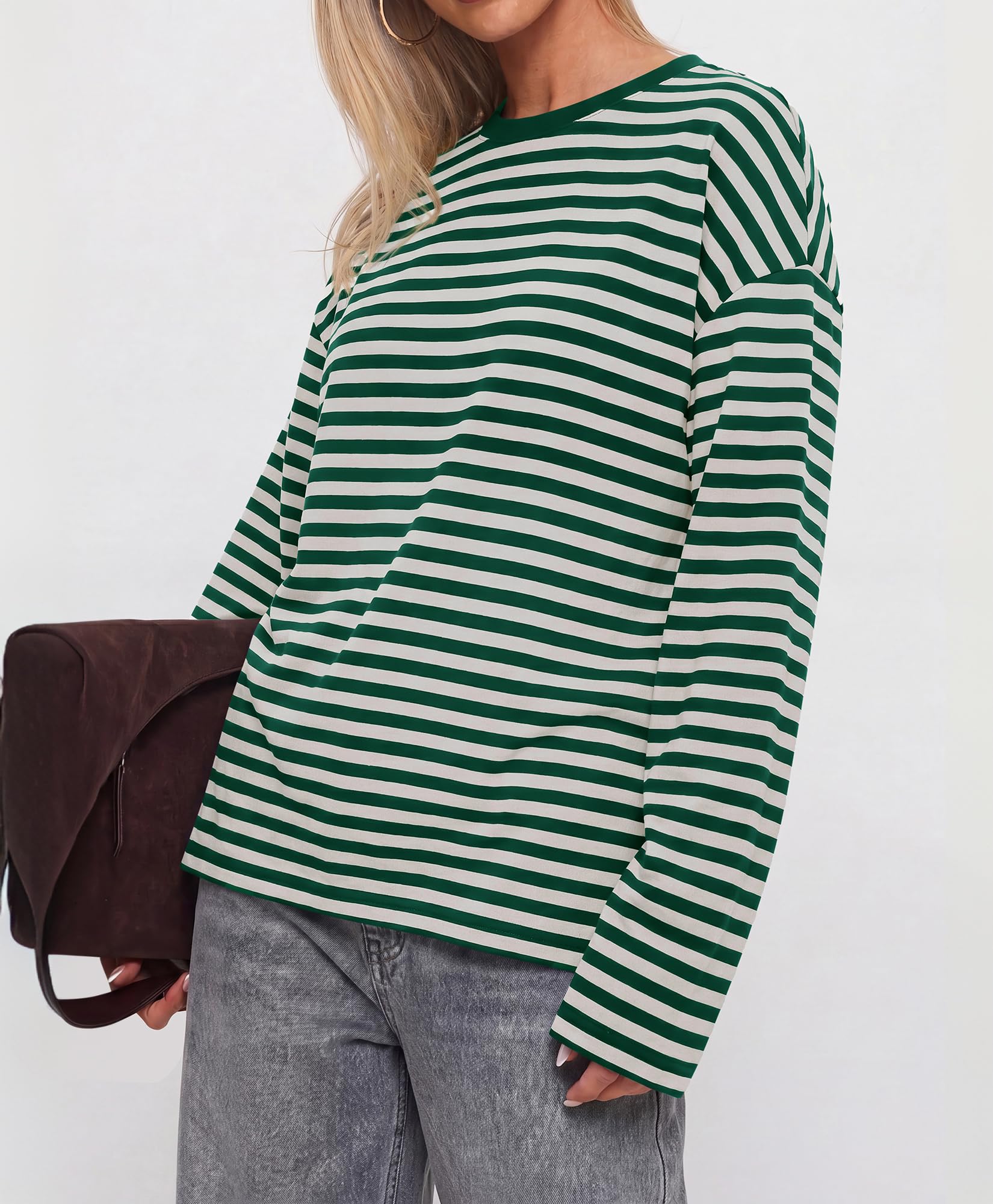 BTFBM Womens Long Sleeve Tops Fall Fashion | Lightweight, Crew Neck, Oversized Striped Shirt Women, Y2k Clothes, Vacation Travel Outfits, Going Out Top, Winter Layering