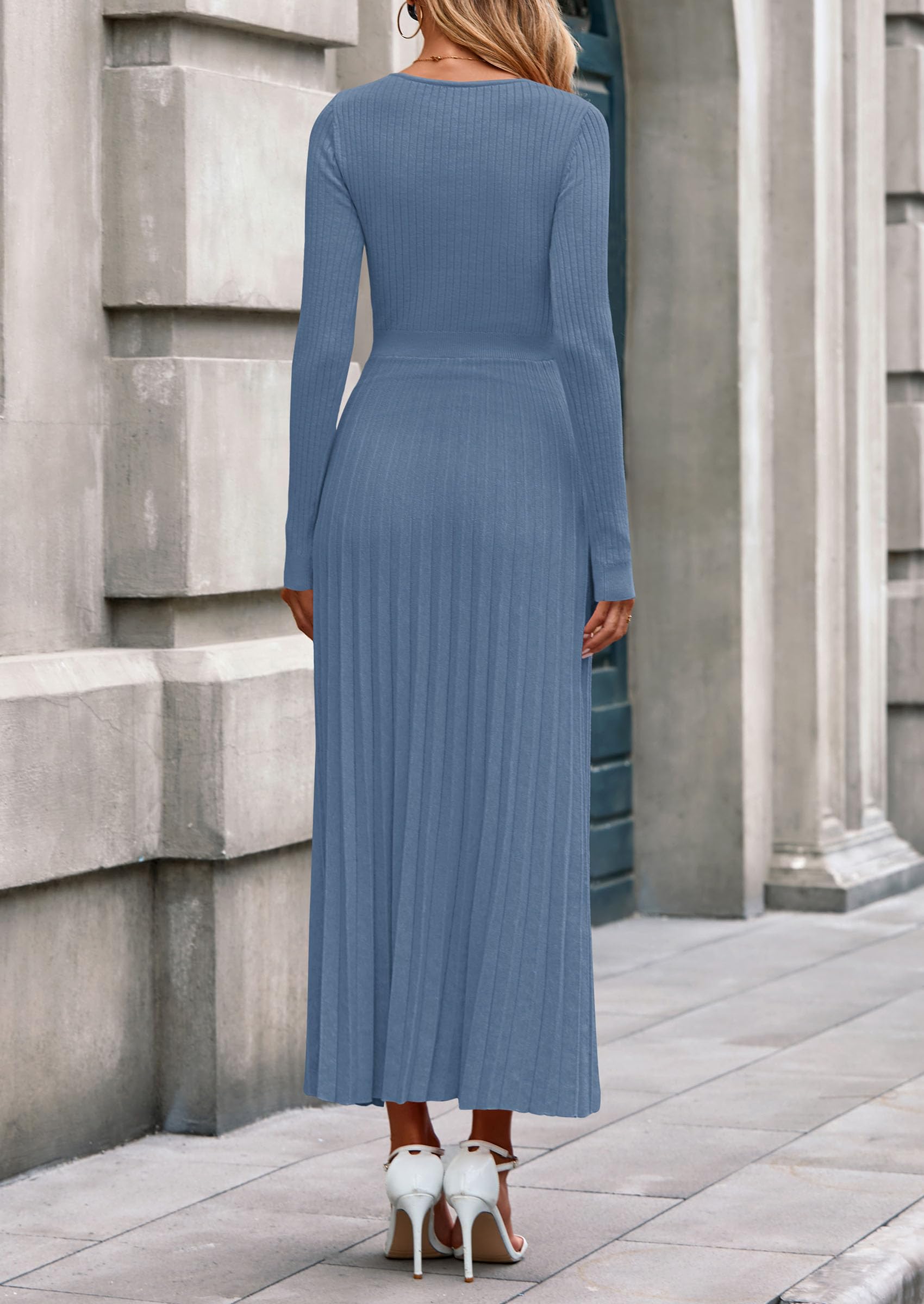 PRETTYGARDEN Women Sweater Dress Fall Fashion Long Sleeve V Neck Ribbed Knit Pleated A Line Elegant Maxi Winter Dresses