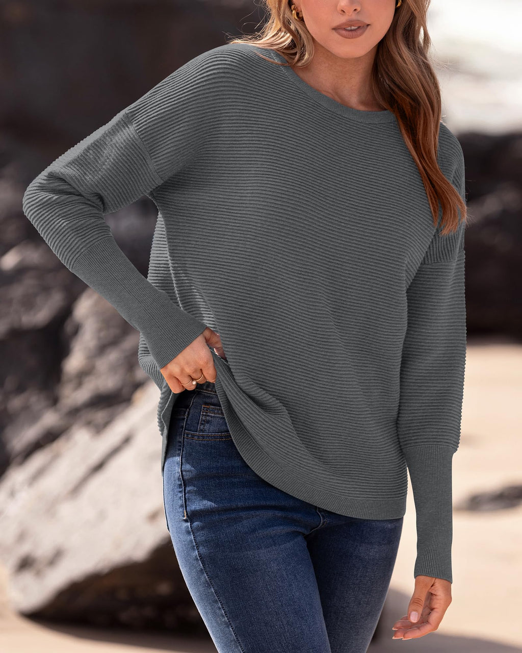 FreshPrettyFall Sweaters for Women Casual Long Sleeve Sweater Striped Loose Fit Pullover Tops