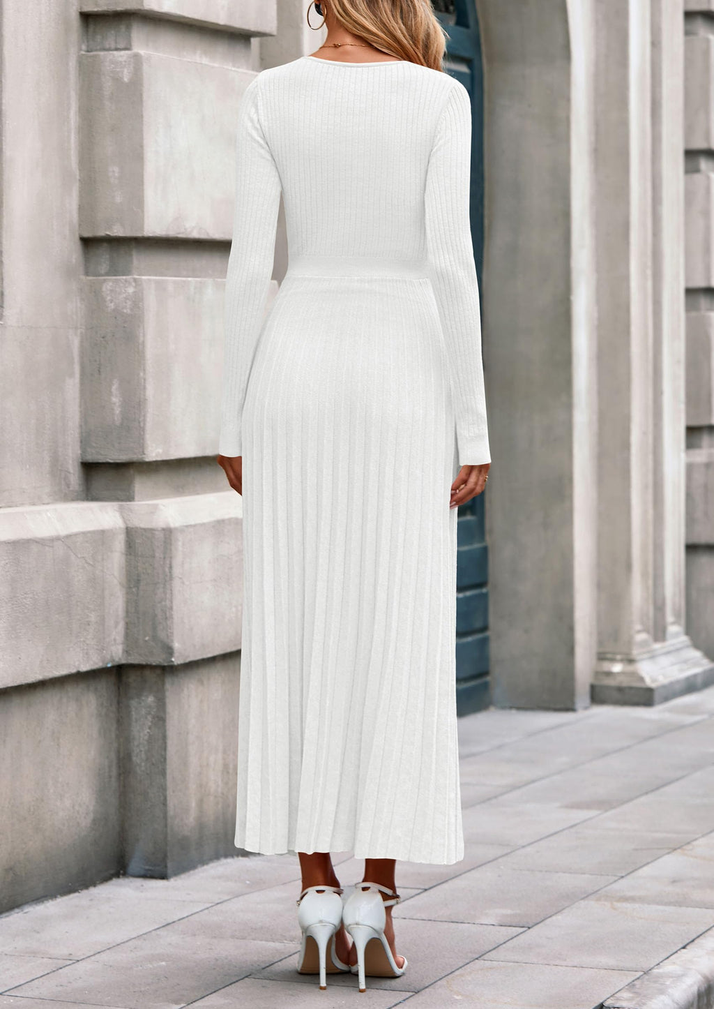 PRETTYGARDEN Women Sweater Dress Fall Fashion Long Sleeve V Neck Ribbed Knit Pleated A Line Elegant Maxi Winter Dresses